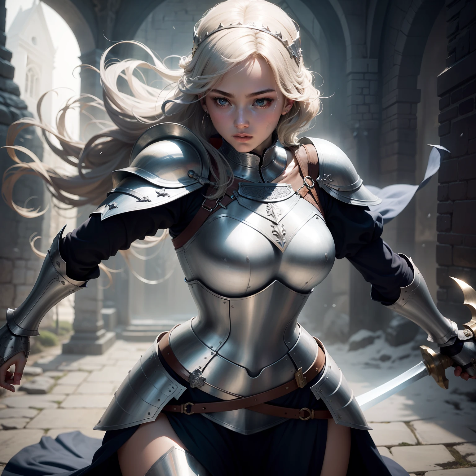 Medieval female knight，The curves of the body stand out，Hold a sword shining with cold light，Emphasis on the thoracic groove。