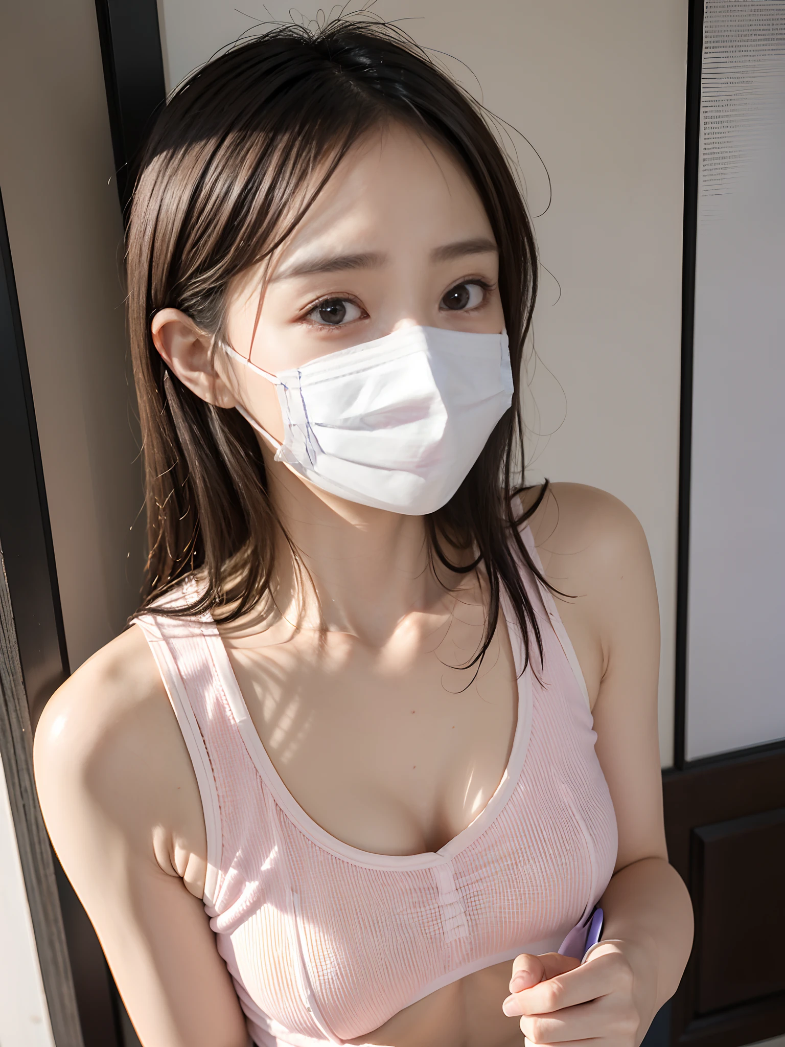 Highest quality, Ultra-high resolution, 8k, RAW Photos ,cute, Tie up your hair、((Mouth mask))、Japanese, alone, (((cute下着、spread your legs to the sides,、Showing pussy)))、Flat Chest、Small breasts、Detailed pussy、pubic hair、open wide pussy, Expanded Pussy、Extended uterus