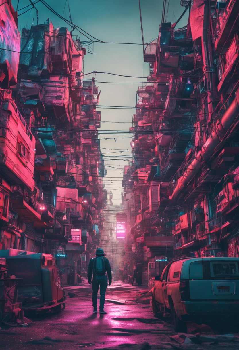 um ser humano dentro de um universo cyberpunk, cabos de energia, em um universo cyberpunk, estilo cyberpunk, RAW, realist phoyo, cinematografic, analogue, 8K UHD, DSLR, alta qualidade, grain of film, fujifilm XT3, arte de rutkowiski e argerm, cinema, adobe lightroom, photolab (hiper-realismo)
