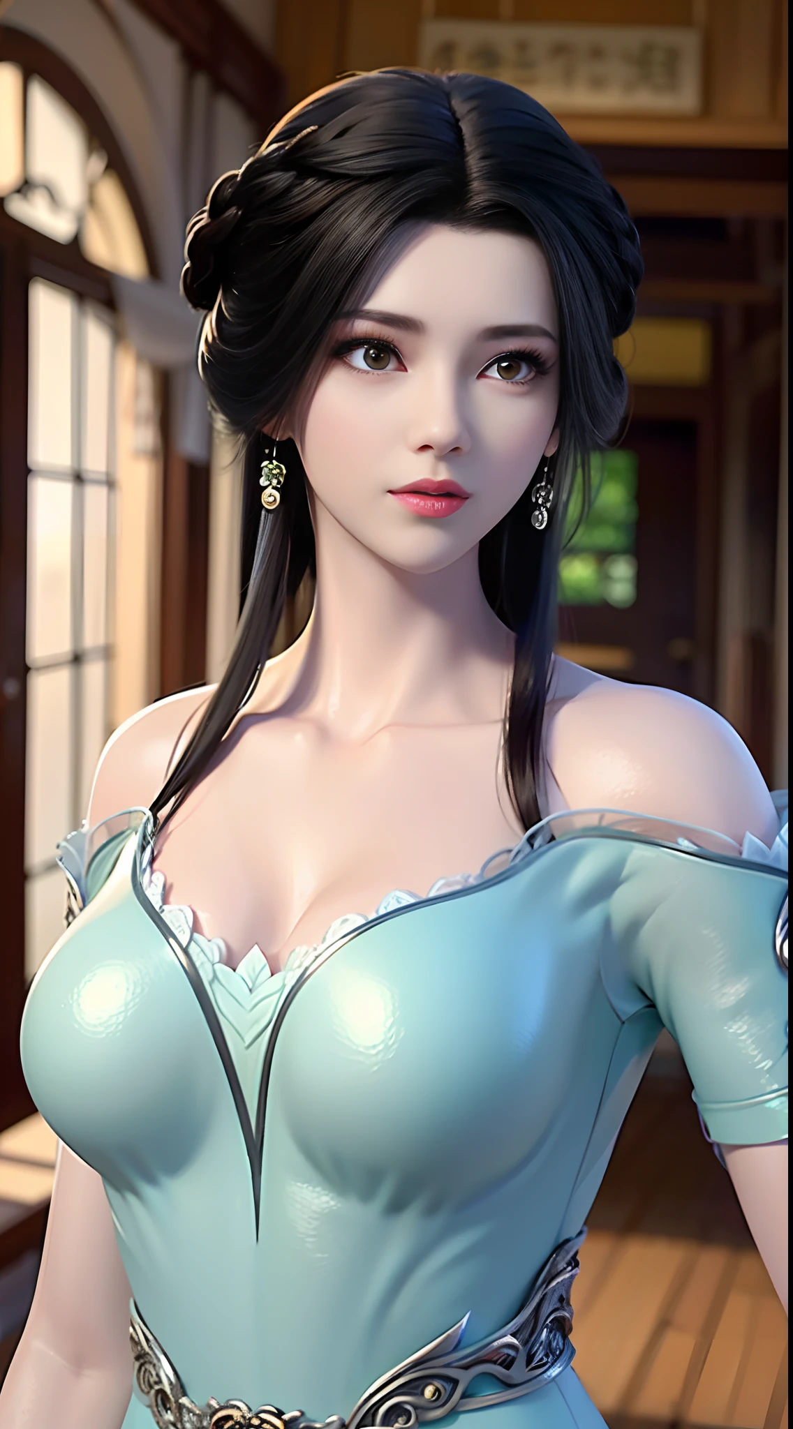 best qualtiy,tmasterpiece:1.4),超高分辨率,realisticlying,Front lighting,Complicated details,Exquisitedetailsandtextures,1girl,独奏,(年轻),Facial highlights,The upper part of the body,Detail face,tear-mole,white skinned,Silvery hair,pony tails,pigtails,looking at viewert,largeeyes,Green cheongsam,(Openwork pattern,black in color,silkouette),耳Nipple Ring,,slimfigure,Deluxe room,profesional lighting,photon maping,Radio City,physically-based renderingt,