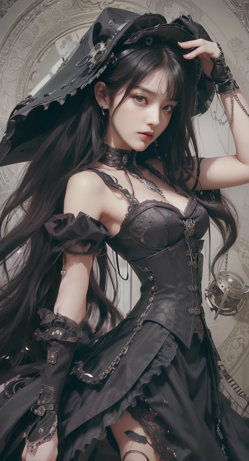 (((masutepiece, of the highest quality, super detailed))), (((Very detailed face))), small thin nose,Small thin lips mouth, (((Very sharp focused eyes))),Very large slit precise pale grey eyes that shine like jewels,very long eyelashes, long black hair with black vertical curls,thick bangs, Princess cut with vertical curls, (((Very decorative gothic Lolita fashion and Embellished steampunk fashion encounter))), Very dramatic and cinematic lighting, (((Overall accuracy has been significantly improved, Create ultra-detailed, realistic and realistic images))).,Very thin waist,Very beautiful nipples,Pale pink underwear,Thin fabric underwear,Thin string underwear,Leaner figure,((Beautiful nipples)),(Small Ass),(Small waist),(Slender full-body silhouette),A beautiful girl of unparalleled beauty,