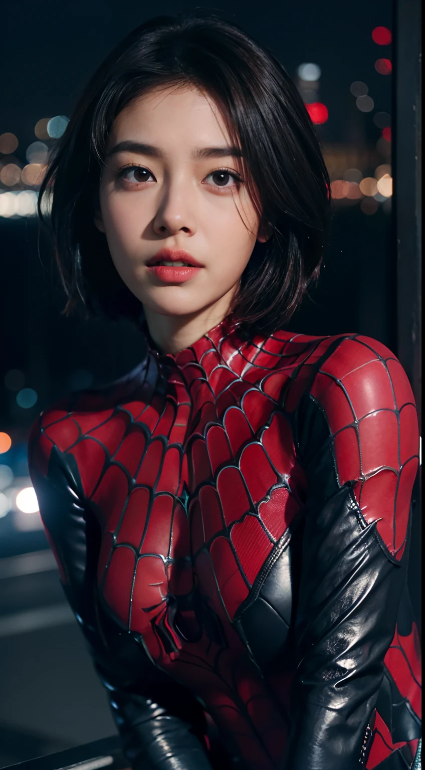 1girl, night, cityscape, city lights, upper body, close up, 8k, raw photos, best quality, masterpiece, realistic, photo realistic, spider-man suit, huge, thick thighs, asian face, short hair, brunette hair