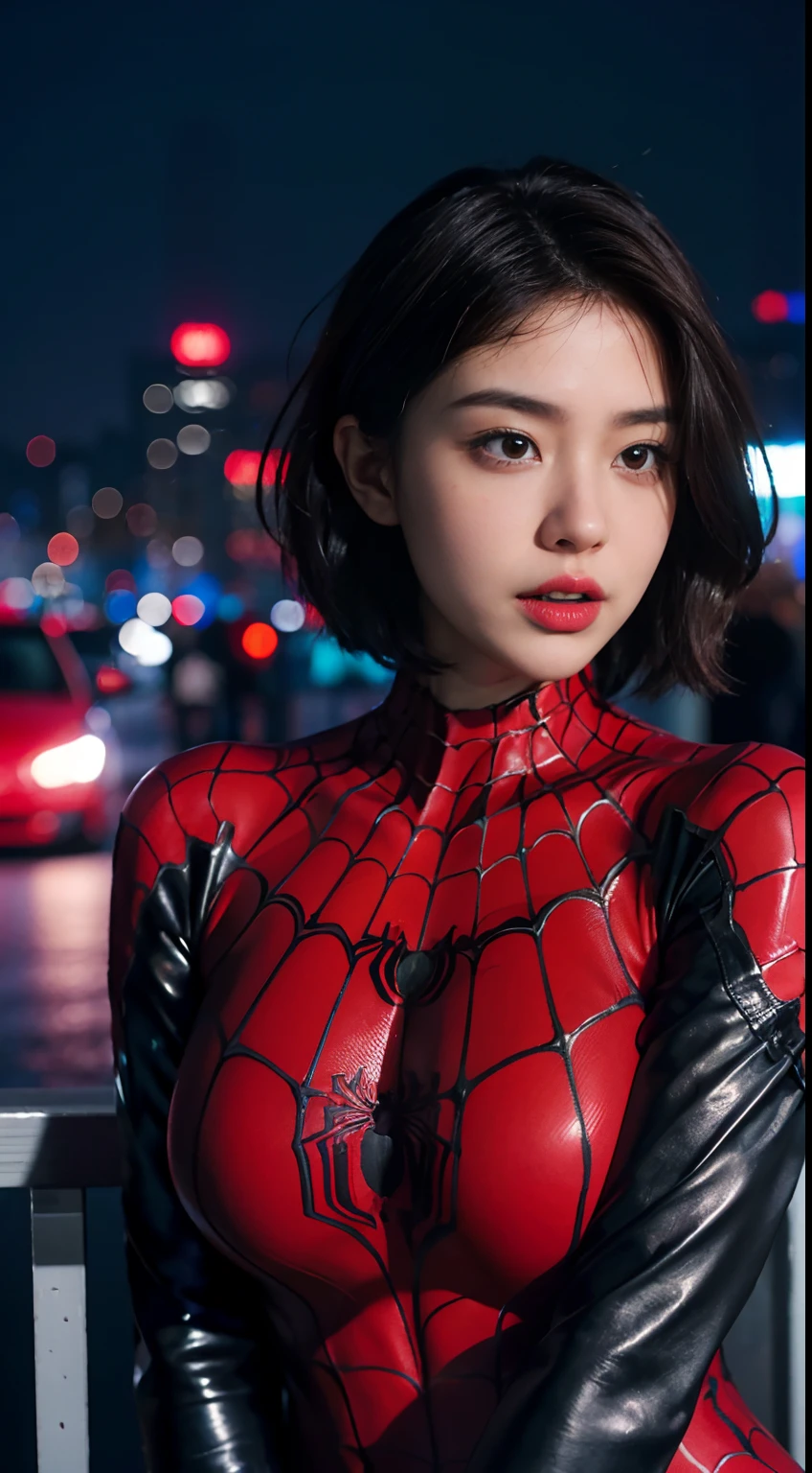 1girl, night, cityscape, city lights, upper body, close up, 8k, raw photos, best quality, masterpiece, realistic, photo realistic, spider-man suit, huge, thick thighs, asian face, short hair, brunette hair