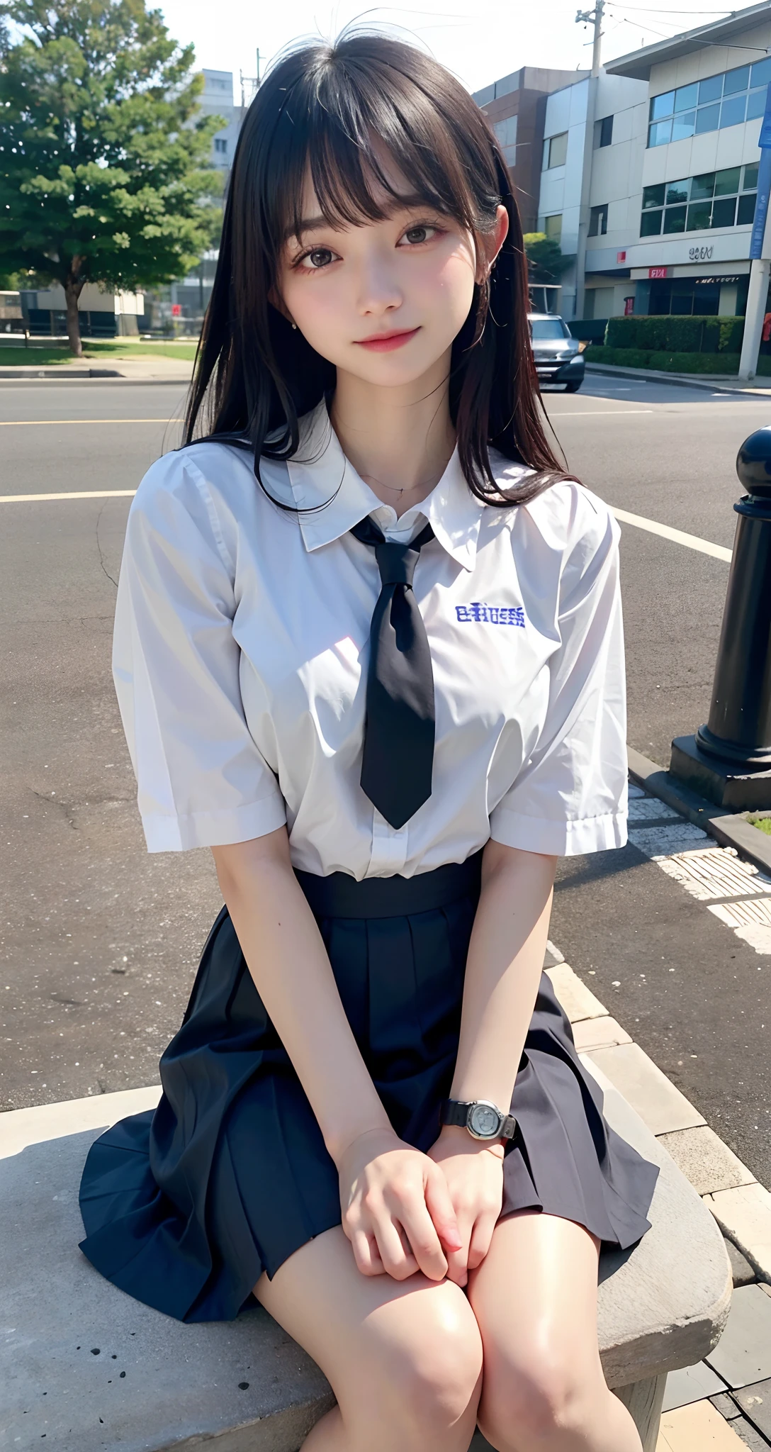 ((top-quality、​masterpiece))、Raw photography、8K、top-quality、 超A high resolution、Beautiful face in every detail、Realistic human skin、Gentle expression、front-facing view、Farbe々From an angle、length hair、realisitic、Photorealsitic、cute little、a short skirt、cute school girl、Japan schoolgirl wearing uniform、Surreal High School Girl、Bedroom、(wrist watch)、a bed、