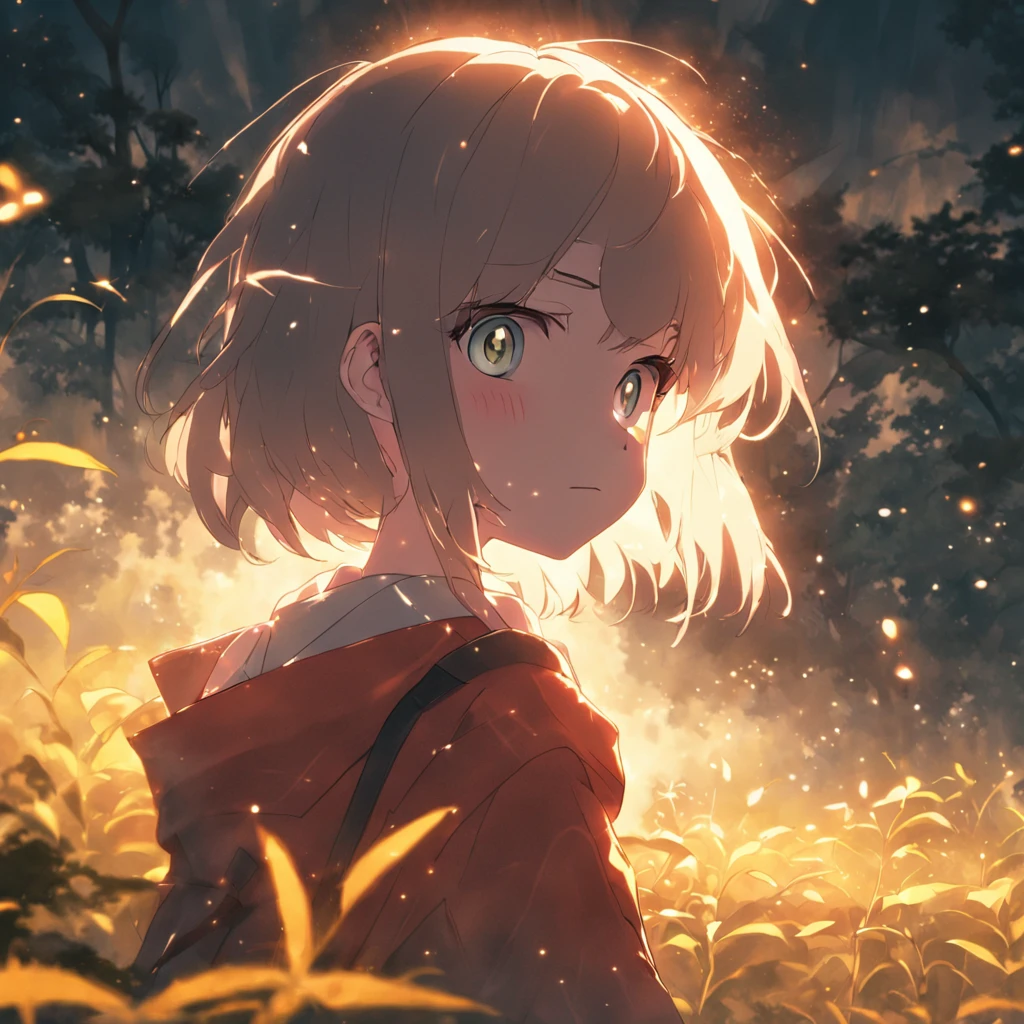 The morning sun shines through the woods，The light shone on the girl's face。
