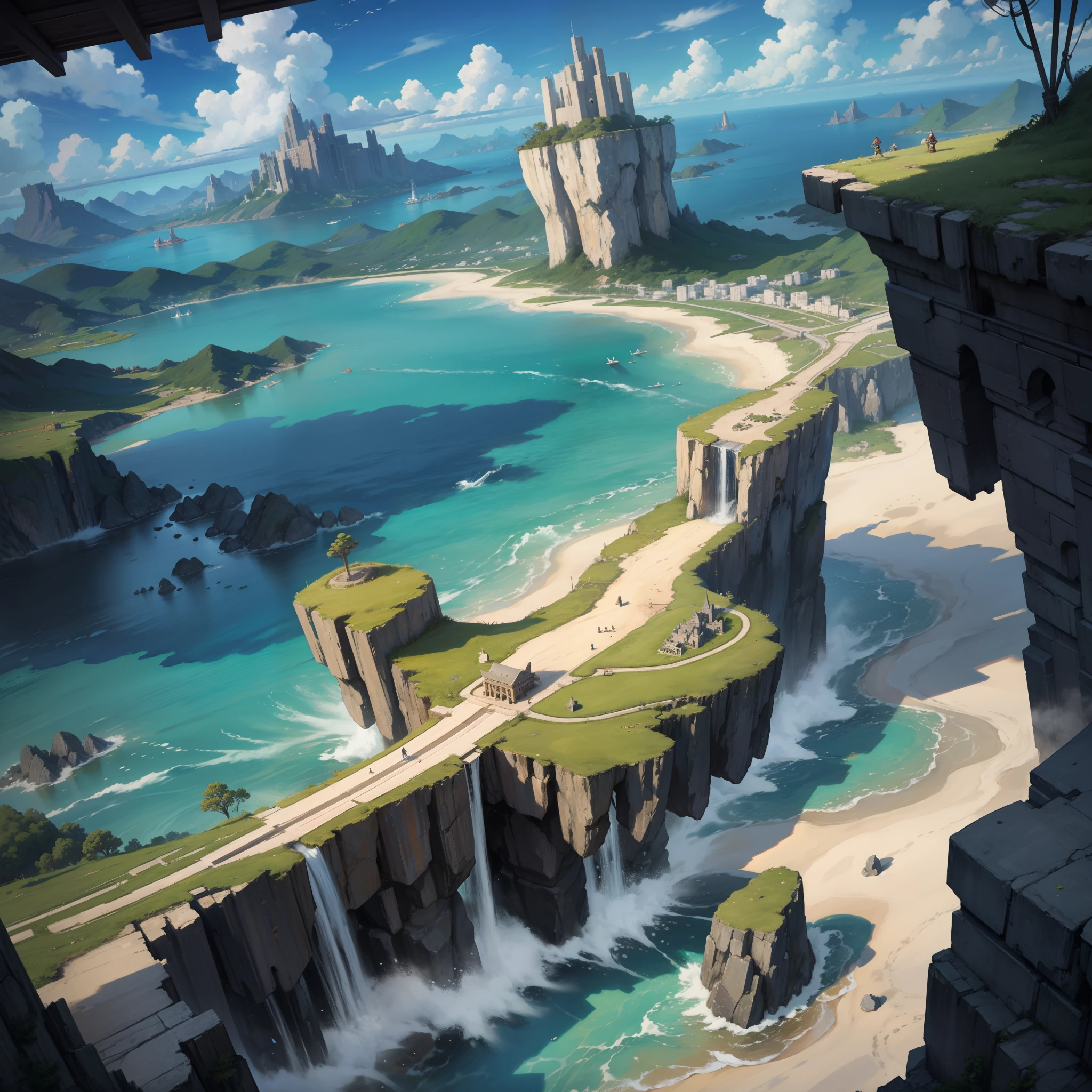 flying city, flying islands, battlefield background, game background, 2d game background, rpg, mobile rpg, mobile game background, clear design, clouds, wind, no character, giant city, many flying islands, flying islands over sea
