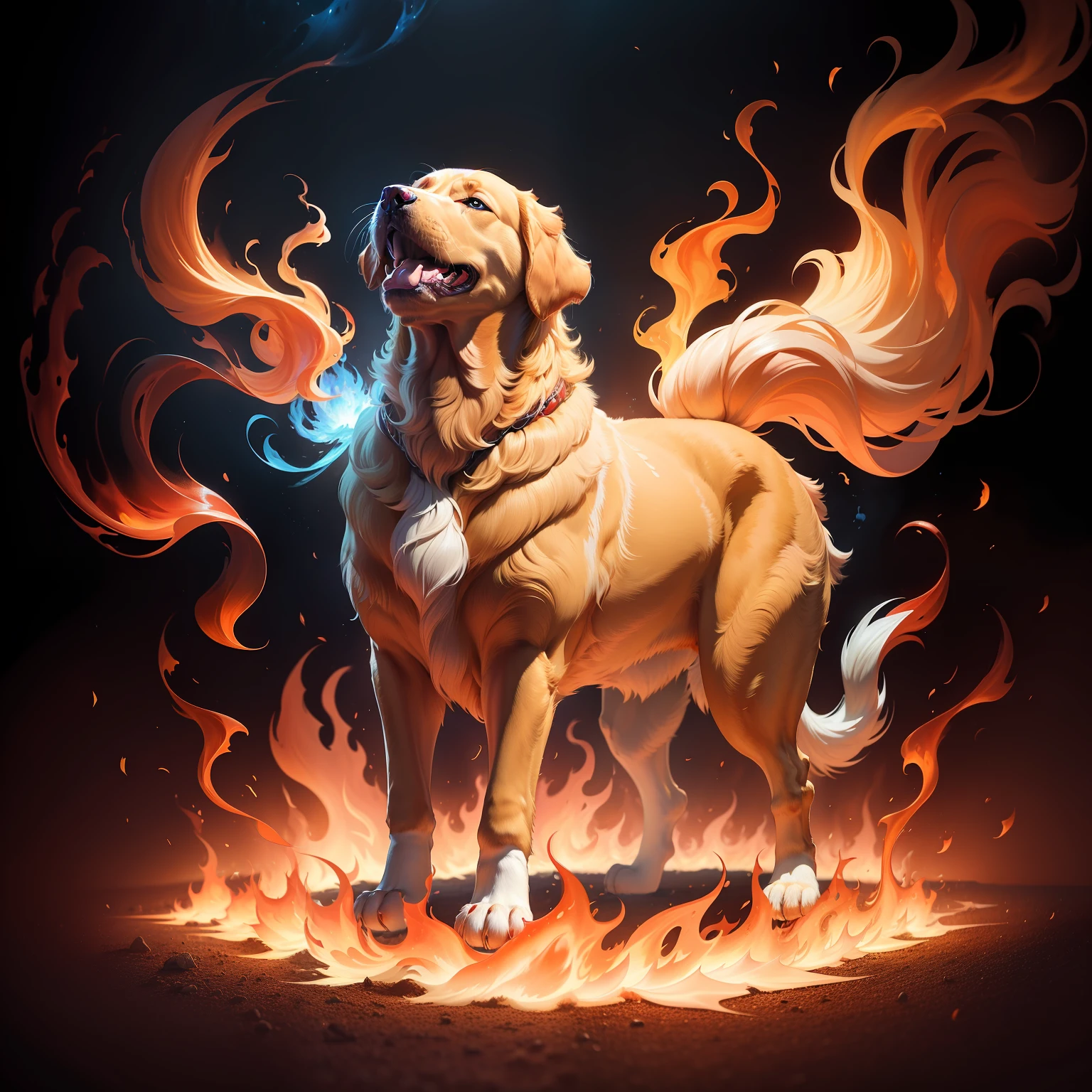 A golden retriever engulfed in red flames、A golden retriever engulfed in white flames、A Golden Retriever Engulfed in Blue Flames、