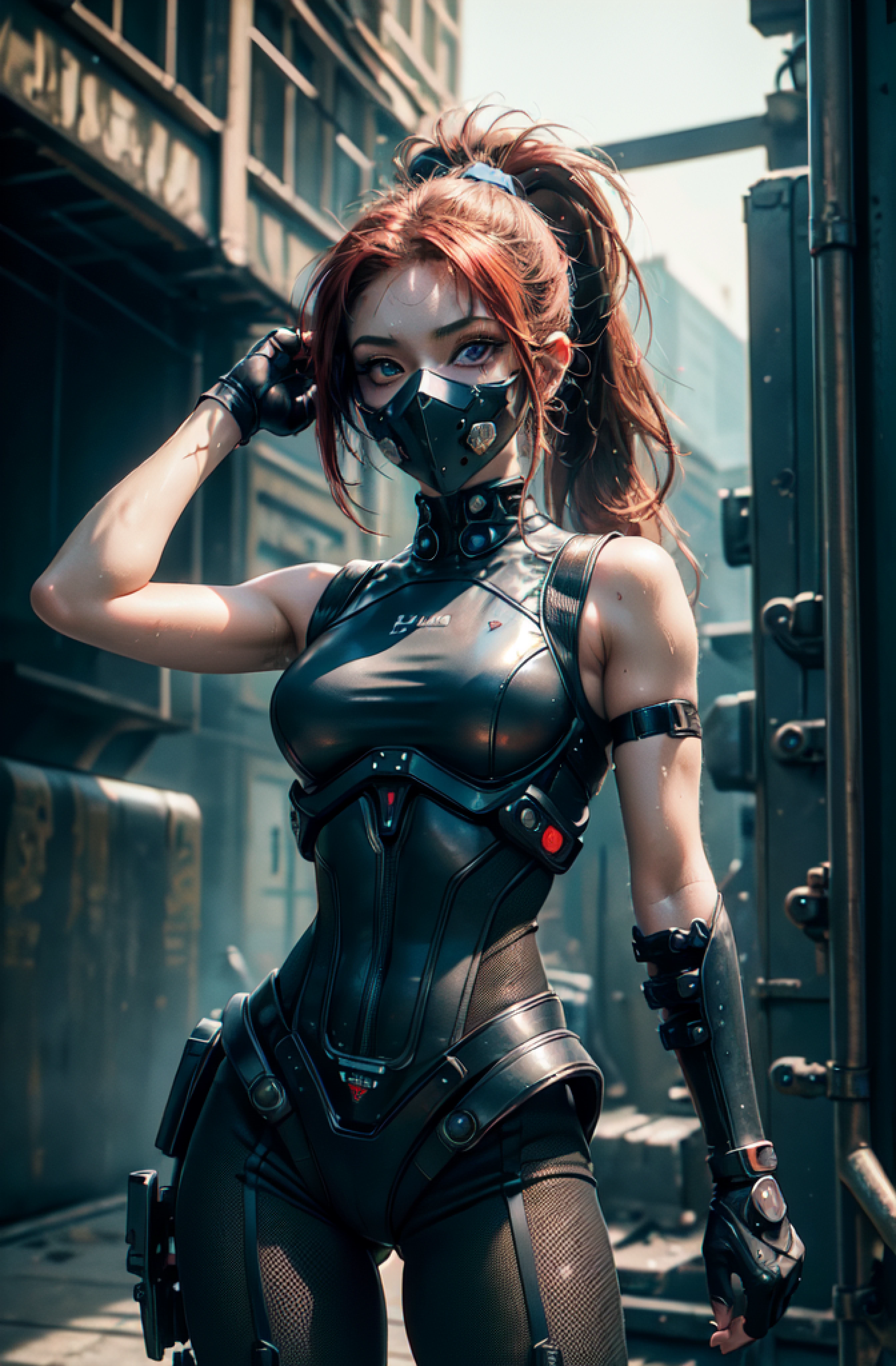 transcendent beautiful girl, (masterpiece eyes:1.5), (sleeveless exoskeleton bodysuit:1.3), (red long hair, ponytail), (exposed sideboob, exposed armpits, exposed groin), cowboy_shot, side focus, shiny, Small_breasts, wide_lower back, (arms behind head, armpits), open stance, (cyber tech punk mouth mask:1.2), cyber punk city, Masterpiece, best quality, captures a super cute moment, depth of field, ultra detailed, ultra high resolution, C4D, Octadale, 3D modeling, 8k, 16k, (sweat skin: 1.1)