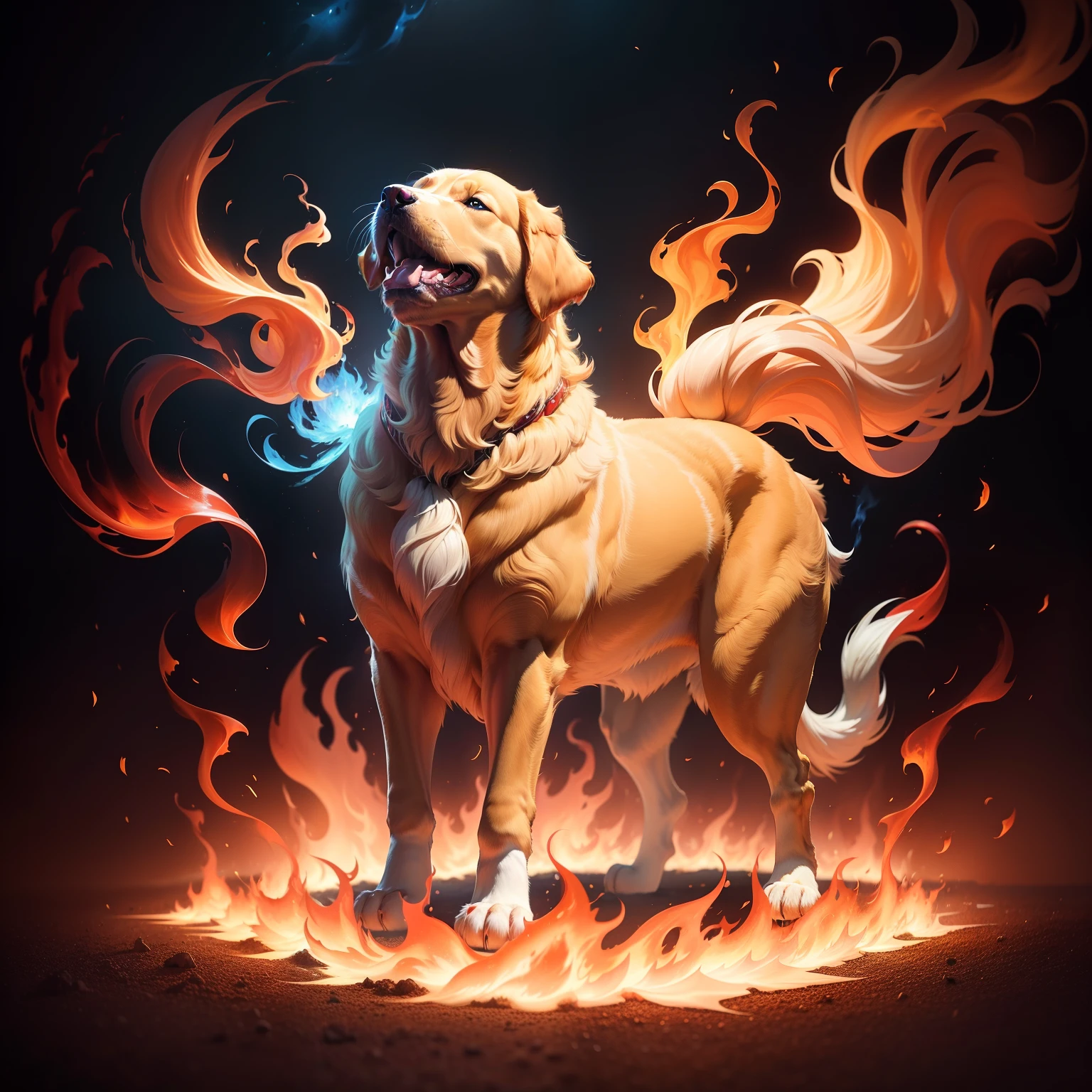 A golden retriever engulfed in red flames、A golden retriever engulfed in white flames、A Golden Retriever Engulfed in Blue Flames、