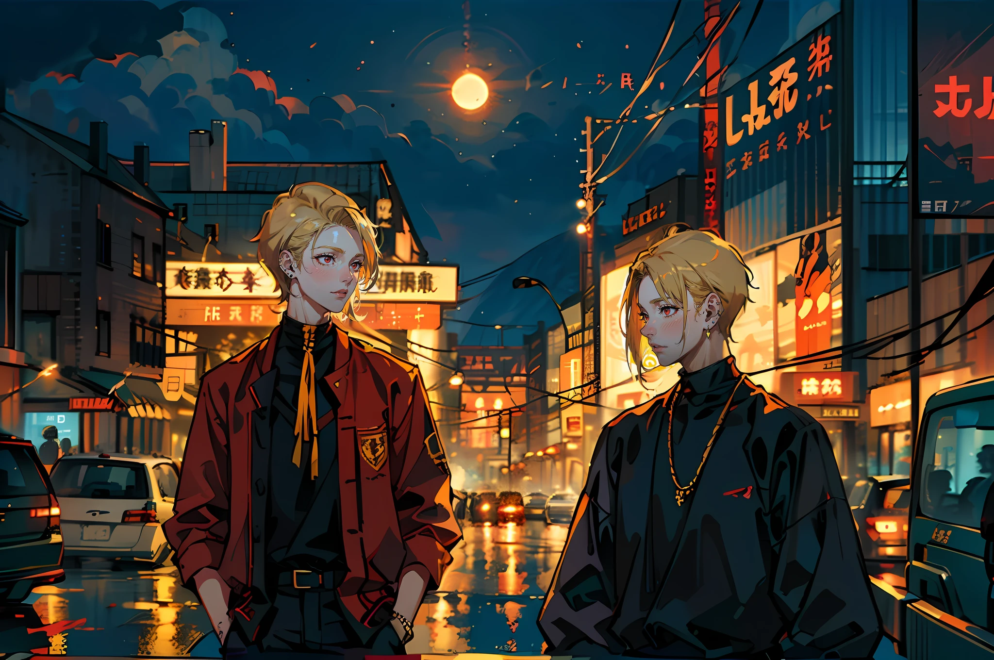 ((masutepiece: 1.4, Best Quality,Delicate)), Very short blonde hair、Red Eyes,(1Man Youth:1.3), Delicate hair, (Big black high neck clothes:1.3),piercings, Night background