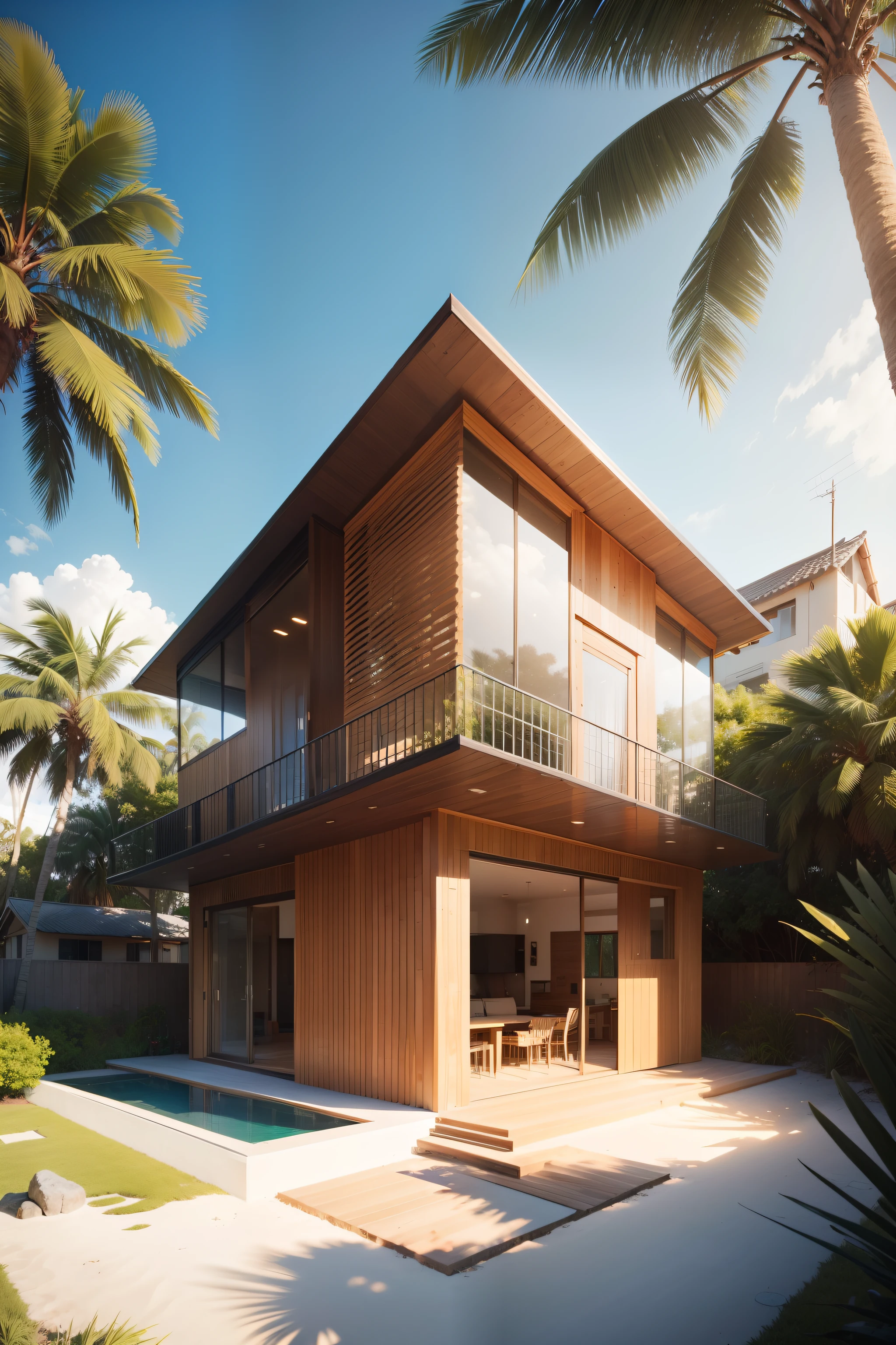 a house with a wooden structure, glass walls on the front and exposed brick on the sides and back, on a plot of land in front of the beach. with a grassy garden with palm trees and fruit trees, colorful birds in the trees, overlooking the sea