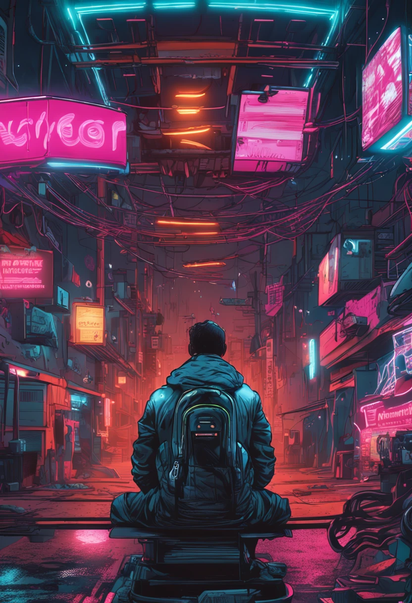 um ser humano dentro de um universo cyberpunk, cabos de energia, em um universo cyberpunk, estilo cyberpunk, RAW, realist phoyo, cinematografic, analogue, 8K UHD, DSLR, alta qualidade, grain of film, fujifilm XT3, arte de rutkowiski e argerm, cinema, adobe lightroom, photolab (hiper-realismo), foto tirada de perto, close caption, revolucionario, luzes neon