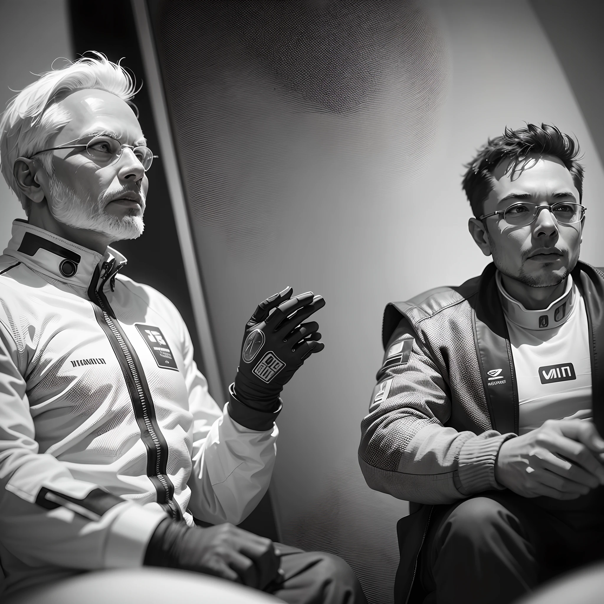 elon musk and narendra modi dicussing future of mars wearing astranaut suit, clear facial features, black and white ,Cinematic, 35mm lens, f/1.8, accent lighting, global illumination ~uplight ~v 4 --auto --s2
