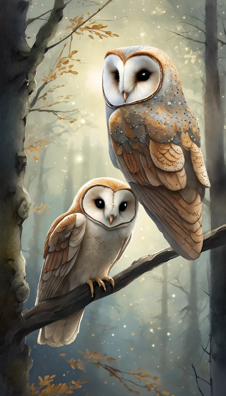 A majestic barn owl perches gracefully on a moss-covered tree branch in a moonlit forest, surrounded by ethereal beams of silver moonlight filtering through the canopy, conveying a sense of tranquility and mystery. Moody and atmospheric with a touch of fantasy, captured with a vintage film camera, soft focus, and dreamlike color palette.