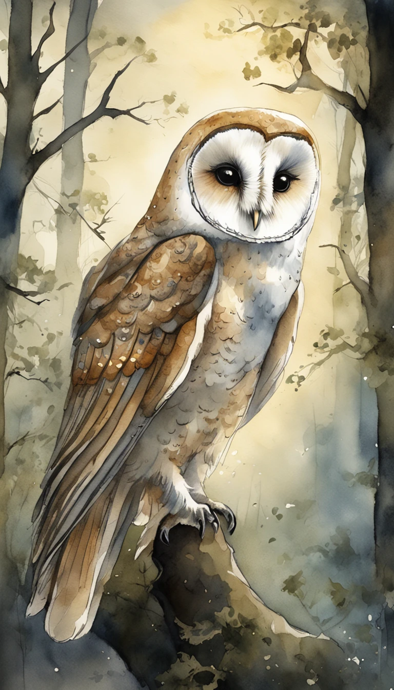 A majestic barn owl perches gracefully on a moss-covered tree branch in a moonlit forest, surrounded by ethereal beams of silver moonlight filtering through the canopy, conveying a sense of tranquility and mystery. Moody and atmospheric with a touch of fantasy, captured with a vintage film camera, soft focus, and dreamlike color palette.
