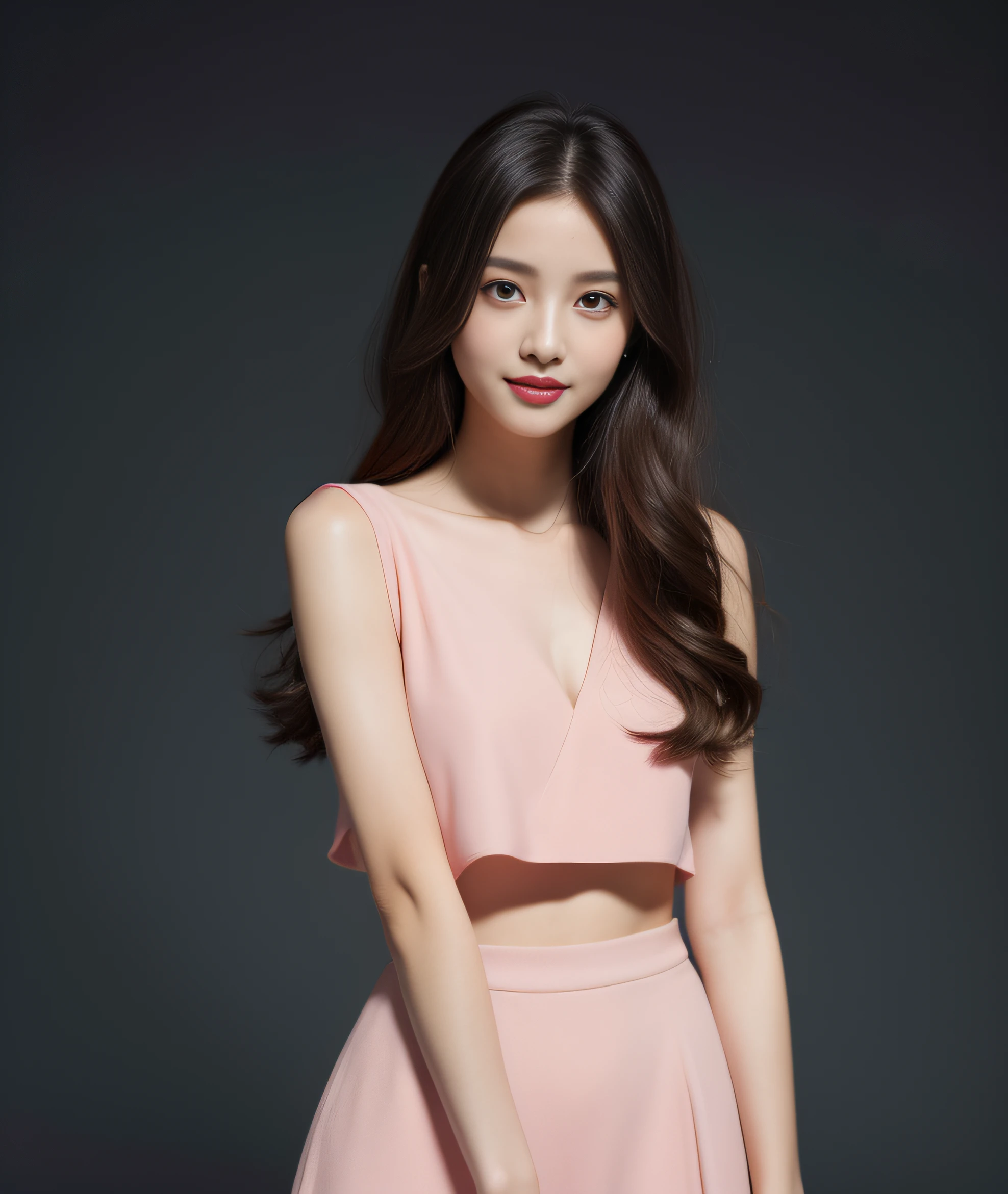 ((best quality, 8K, masterpiece: 1.3)), beautiful girl, pure, melon face, kind and cute, sweet smile, pure desire, slender body, (front), (tilted head), ((looking at camera) ), dark pink suit, pink skirt, smooth black medium hair, long flowing shoulders, round black big eyes, clear big eyes, moist red lips, sweet, standing on the pavement, show window background, (((whole body))),