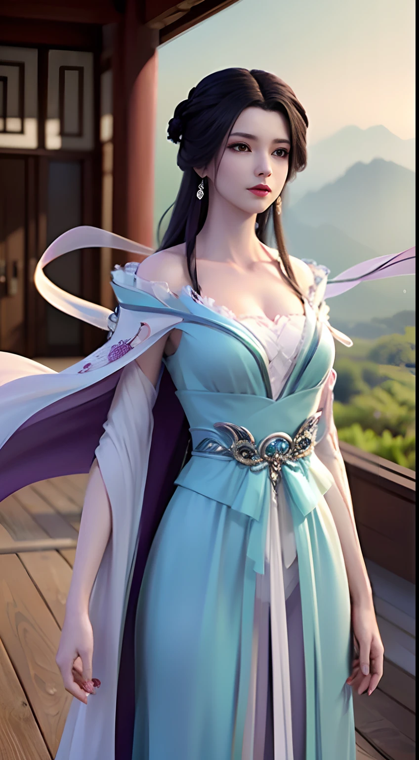 Solo, 1 Beautiful Female, Wuxia World, (1 Girl), (Full Body), (Xiuxian World), Chinese Immortal Wuxia, (Purple Cross-collared Top, Ancient Long Skirt, Embroidered Cape, Streamer), Brunette Hair, Chinese Coiled Bun, Hairpin, Light Pink Lips, Calm, Intellectual, Delicate Face, Masterpiece, Best Quality, High Quality, High Definition, High Quality Texture, High Quality Shadows, High Detail, Cinematic Light, Side Lighting, Ray Tracing, Sharp Focus, Realistic, Edge Light, Two-tone Light, (Detailed Skin Details: 1.2), 8k uhd, SLR, soft light, high quality, high resolution, (very detailed CG unity 8k wallpaper)