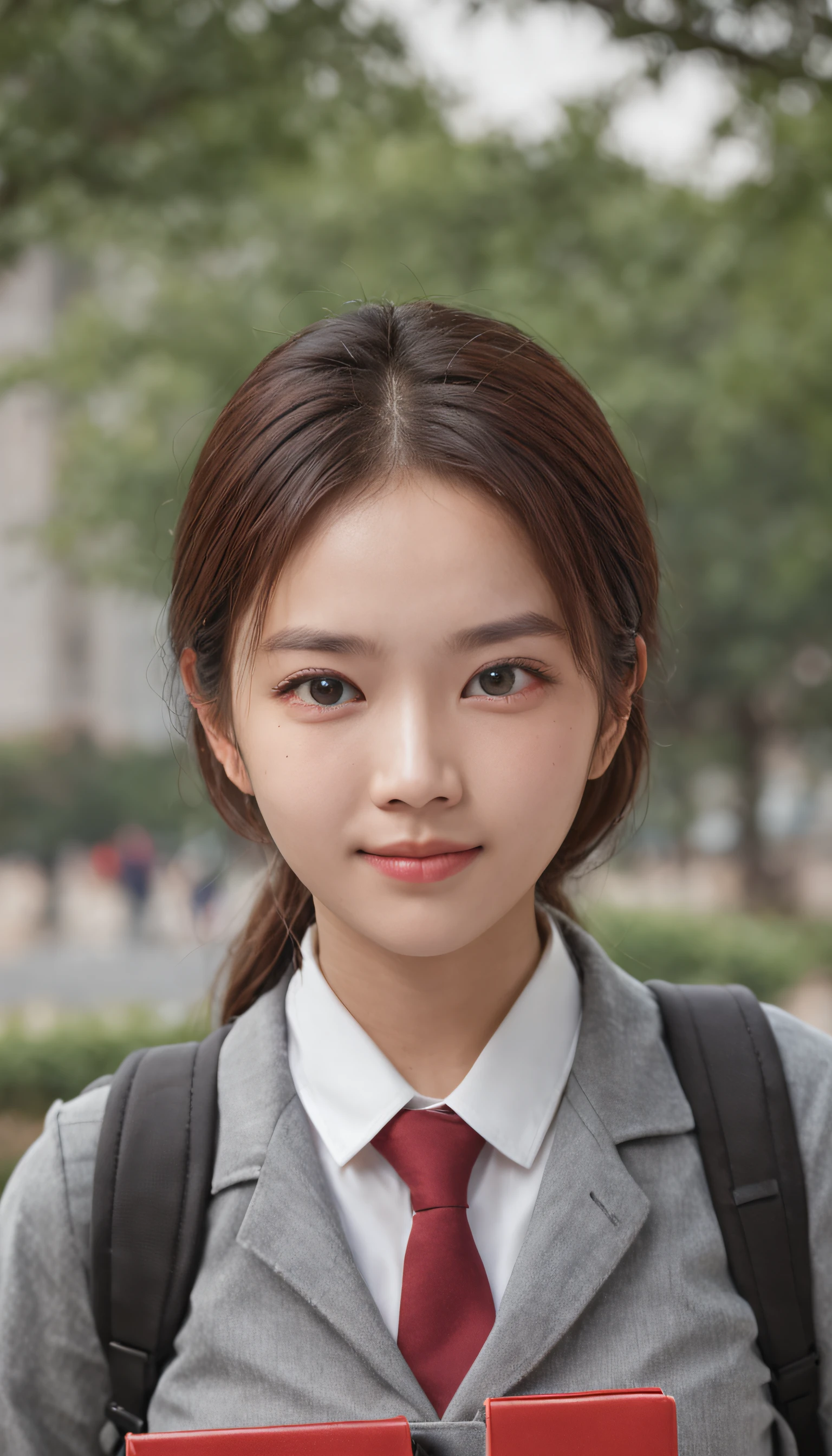 Realiy, realisticlying, movie picture quality, super detailing, Super quality, Super HD, A male college student and a female college student, Meet on campus, Chinese face, Carrying a school bag, in school uniform, The face was full of joy, Real Photographics