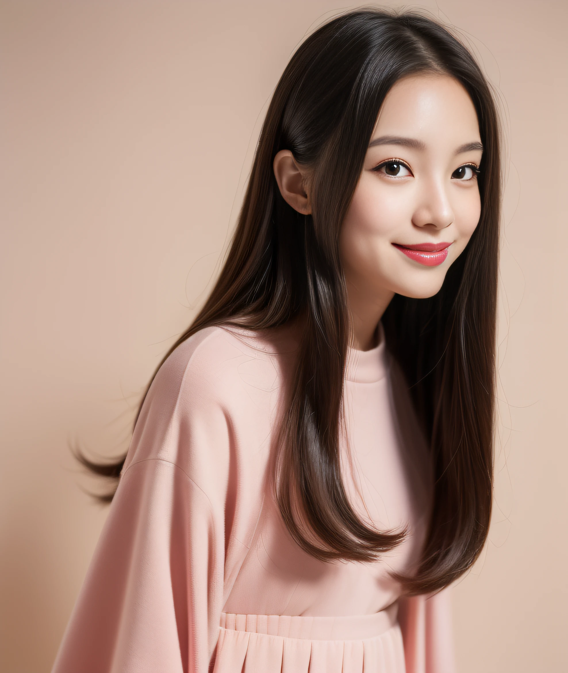 ((best quality, 8K, masterpiece: 1.3)), beautiful girl, pure, melon face, kind and cute, sweet smile, pure desire, slender body, (front), (tilted head), ((looking at camera) ), dark pink suit, pink skirt, smooth black medium hair, long flowing shoulders, round black big eyes, clear big eyes, moist red lips, sweet, standing on the pavement, show window background, (((whole body))),