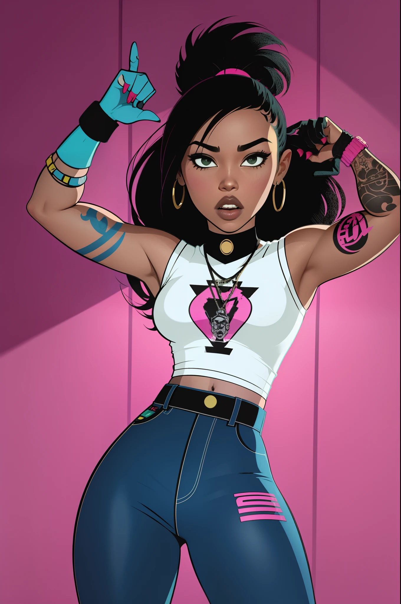 80s vhs detailed girl rapper black asian hip hop star fully tattooed arms out to shoot fake finger guns