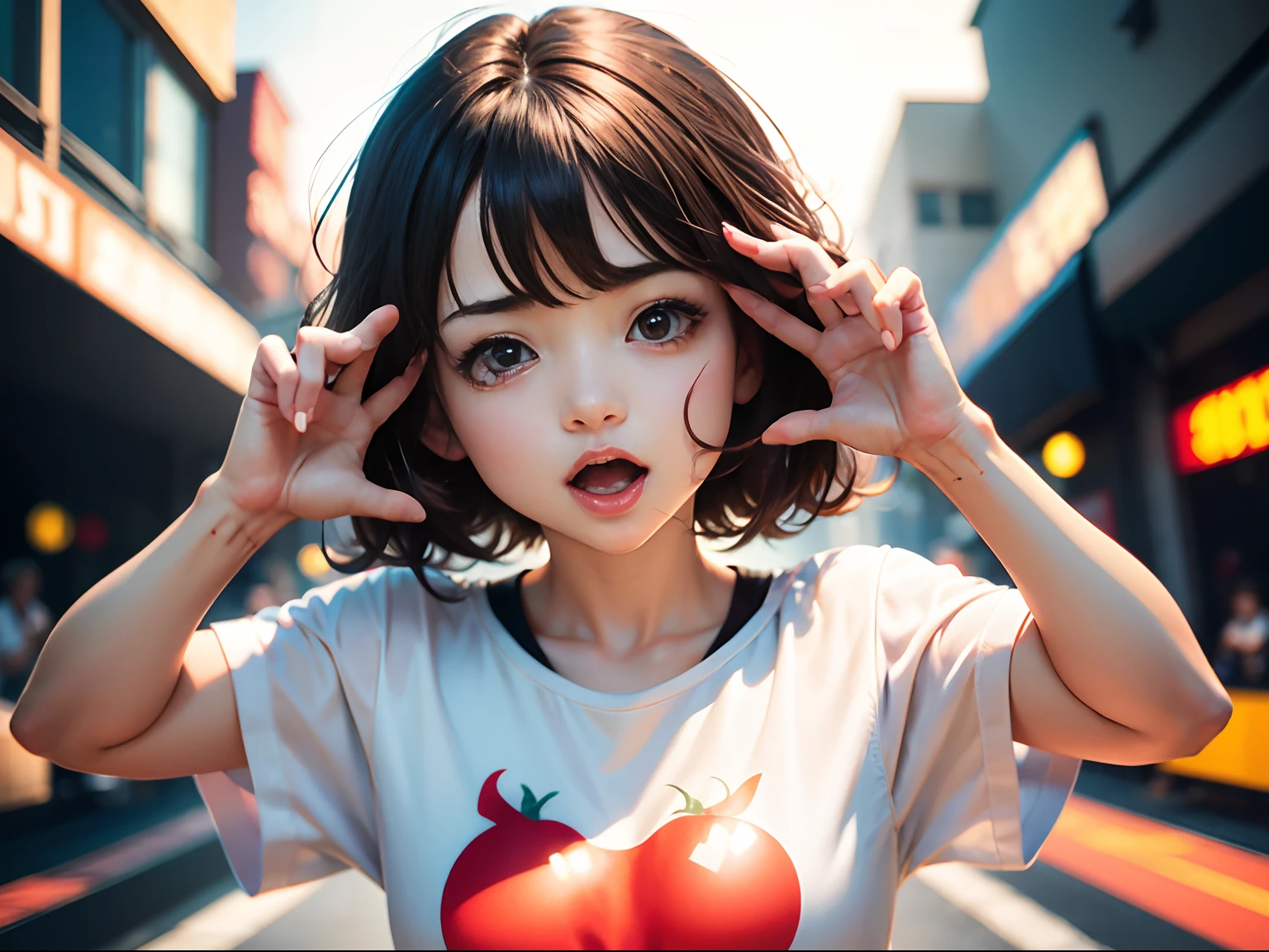 1girl in(Shout loud)、exaggerated pose、Reaching the climax:1.3, short-cut、masutepiece、Bottoms are randomly generated、( Tomato Illustration Printed Shirt )、dark brown hair、GI Cut、Lunette de soleil、Background bokeh:1.5