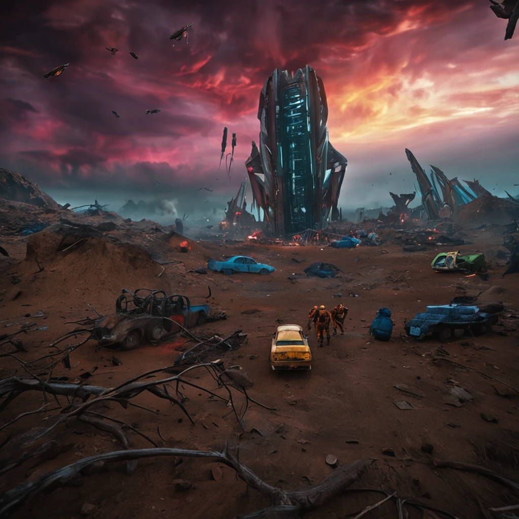 scenes of devastation as aliens advance on Earth, causing chaos and destruction (madman:0.7)