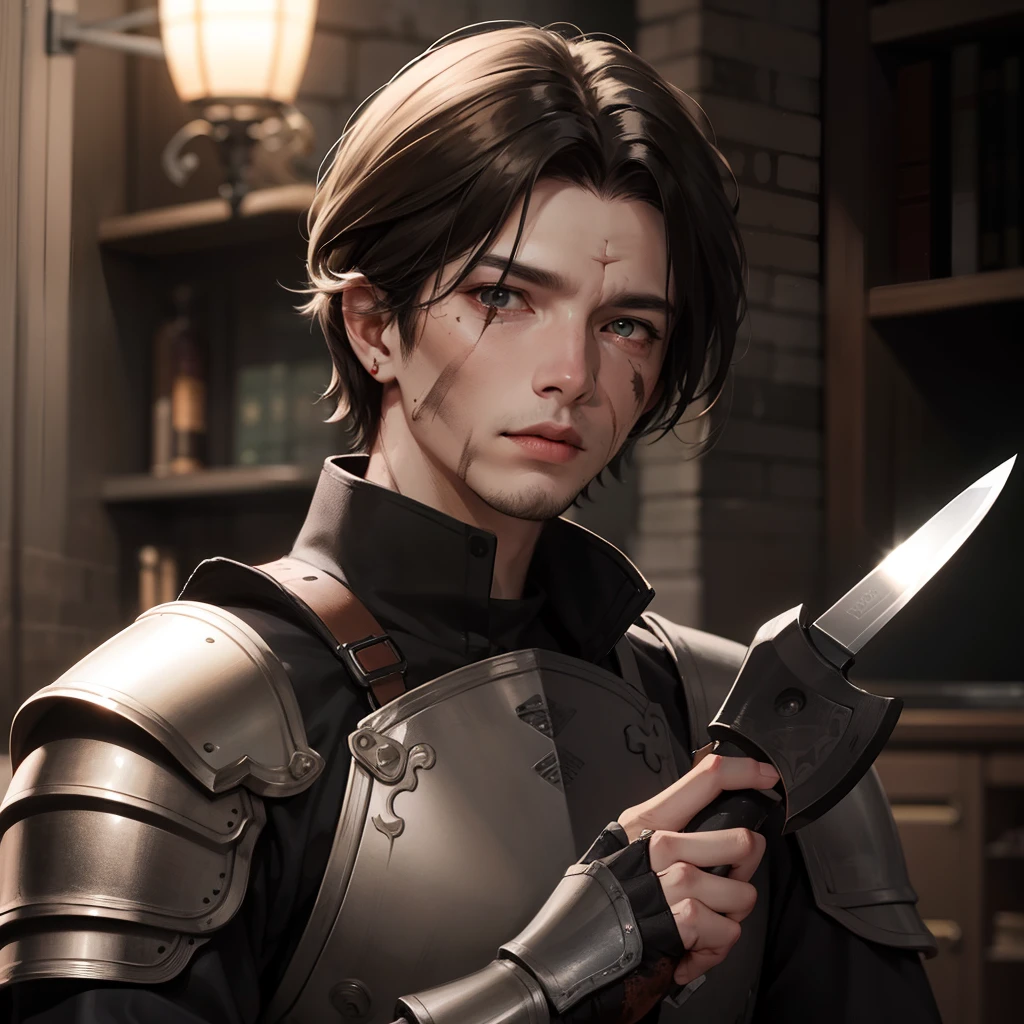 The armor was broken and covered with scars,Holding two knives, his face was haggard