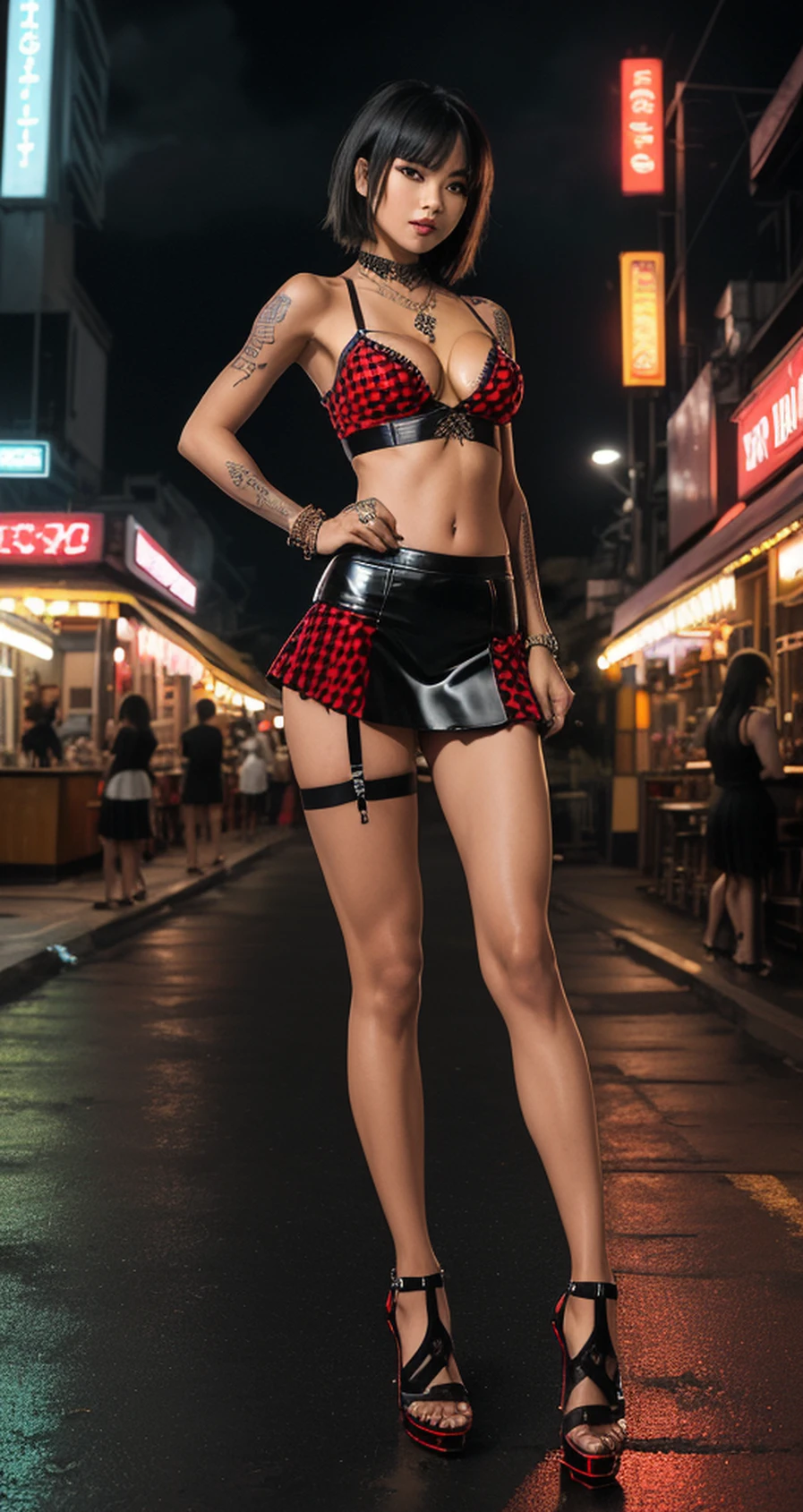 beautiful thai hooker ,loose top, ,short blonde hair, ,petite, hair blowing in wind , bangkok, street, versace, grinning, dark clouds,toned fit body, short stature,lights, refelctions, night clubs, wet ground, (translucent colourul top) ,looking away from viewer, looking away from camera, ((red black checkered mini, low contrast,school girl mini, lingerie,tight ,very skinny, slim girl, exposed cleavage,breasts, full arm tattoo,walking , chest tattoo, open bars, street food, medium breasts, full body portrait, jewellery, detailed face, exclusive clothing,,,high heels