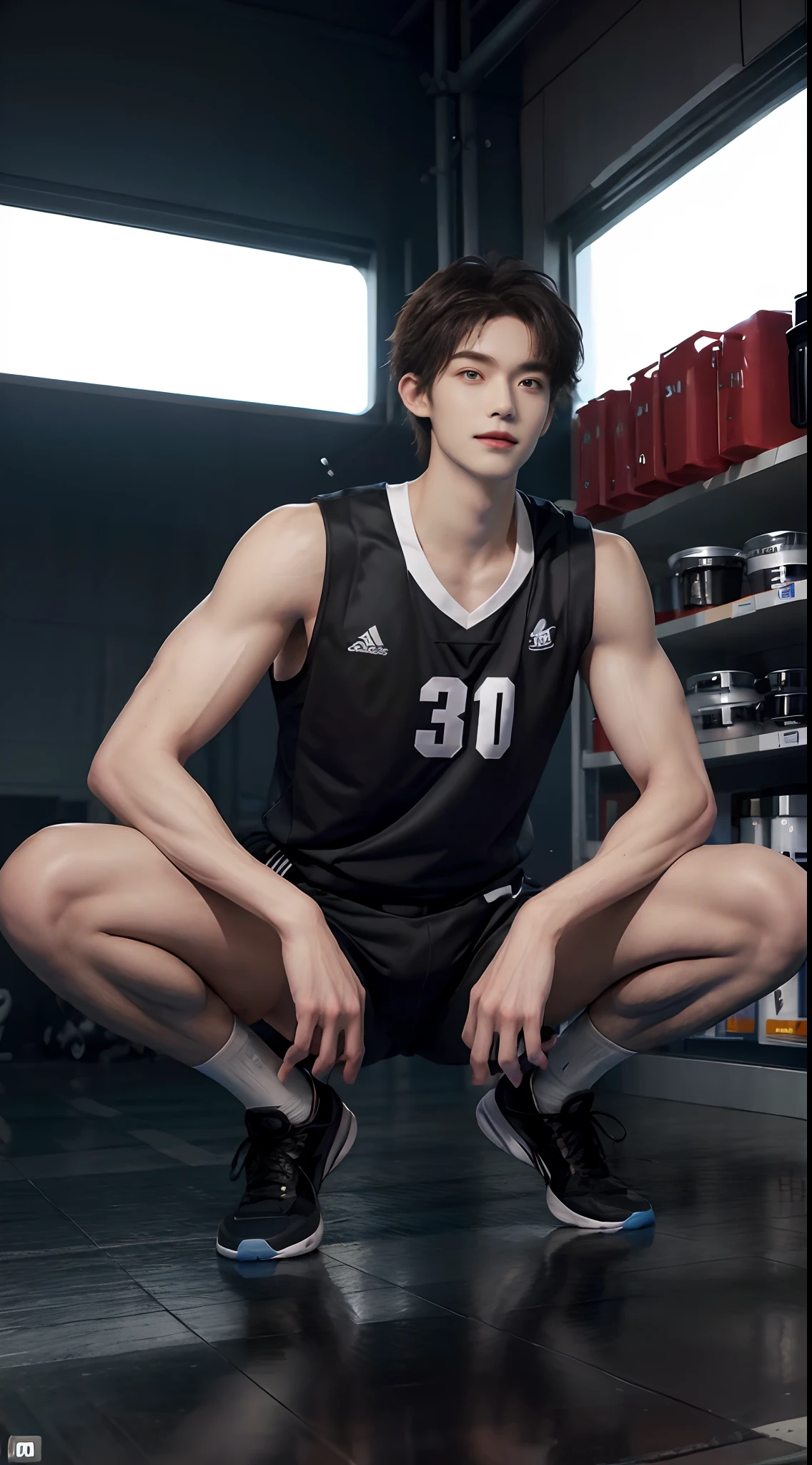 (((Best quality))),(((Ultra detailed))),(((Masterpiece)))，（Cute tall Shota：2），（is a giant：2），The height of a volleyball player，solo person，（full bodyesbian：3），（Stay away from the lens：3），Expose your legs，（revealing the whole body：2），（Frontal heads-up view：1.2），malefocus，（looking at viewert），ers old，（Tall：3），（Tall guy：2），Super tall，（Height 300 cm：2），Excellent body proportions，muscular physique，（1.The shoulders are 5 times wider：1.2），（Slender straight legs：2.5），Slender feet，small heads，musculous，（The face of the animated male protagonist），Pure face，（Very detailed beautiful face and eyes：2），（Big bright eyes：1.2），Sharp eyeliner，Clear and beautiful face，exhilarated，（Happy smile：3），short detailed hair，（Correct facial features），（tilts your head：1.5），（Boys' sweatshirt：2)，Long white socks，（Big slender feet），Basketball shoes，（Muscle firming：2），Strong，（Wide shoulders and narrow waist：2.2），Sports men's socks，Detailed muscle texture，Highlights muscle structure，Have on the street，（kneeling down：4），（full length shoot），ultra-realistic realism, (Photorealistic detail), Incredible accuracy, lifelike textures, masterful technique, Jaw-dropping precision, artistic dedication，（anatomy correct），Good lighting，exquisite detailing，Best quality，stunning masterpiece，CG，（Colored screen）