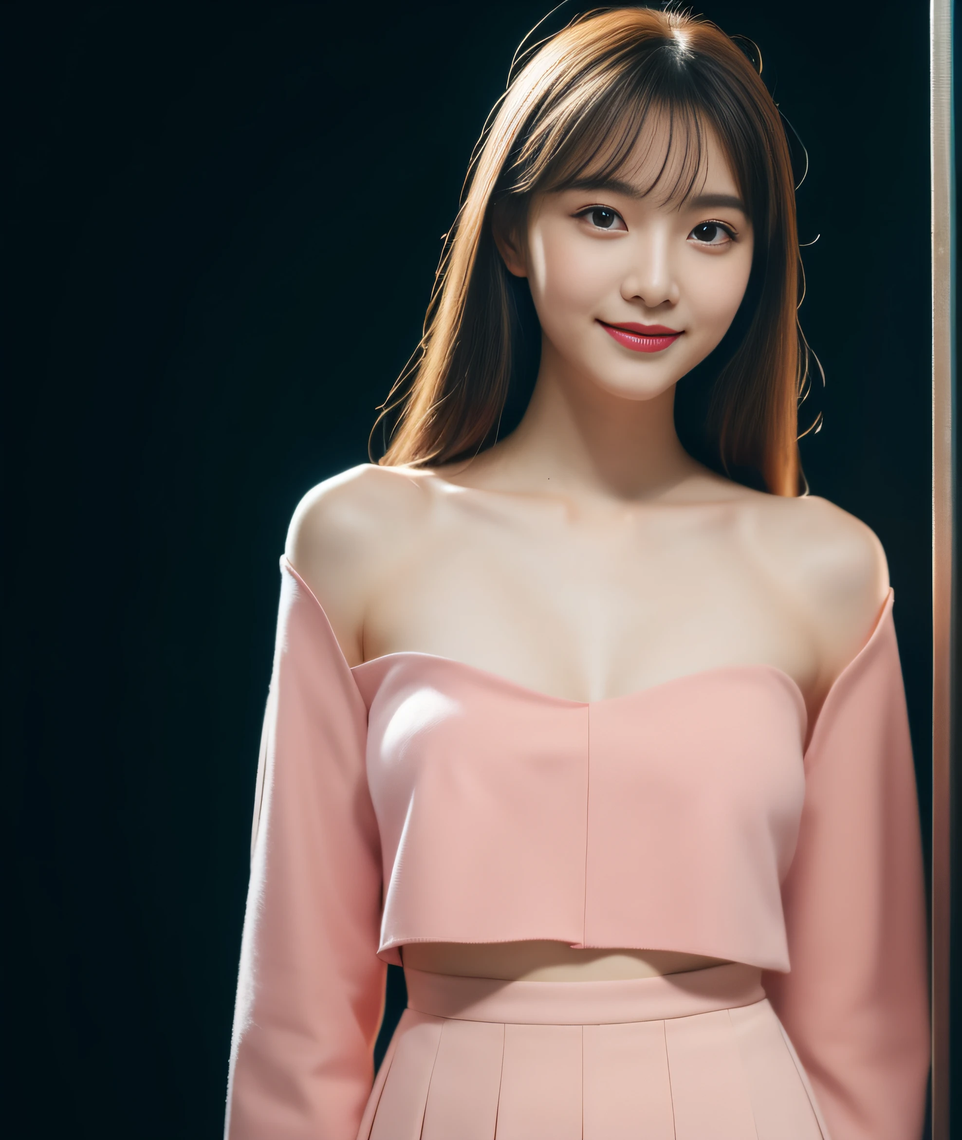 ((best quality, 8K, masterpiece: 1.3)), beautiful girl, pure, melon face, kind and cute, sweet smile, pure desire, slender body, (front), (tilted head), ((looking at camera) ), dark pink suit, pink skirt, smooth black medium hair, long flowing shoulders, round black big eyes, clear big eyes, moist red lips, sweet, standing on the pavement, show window background, (((whole body))),