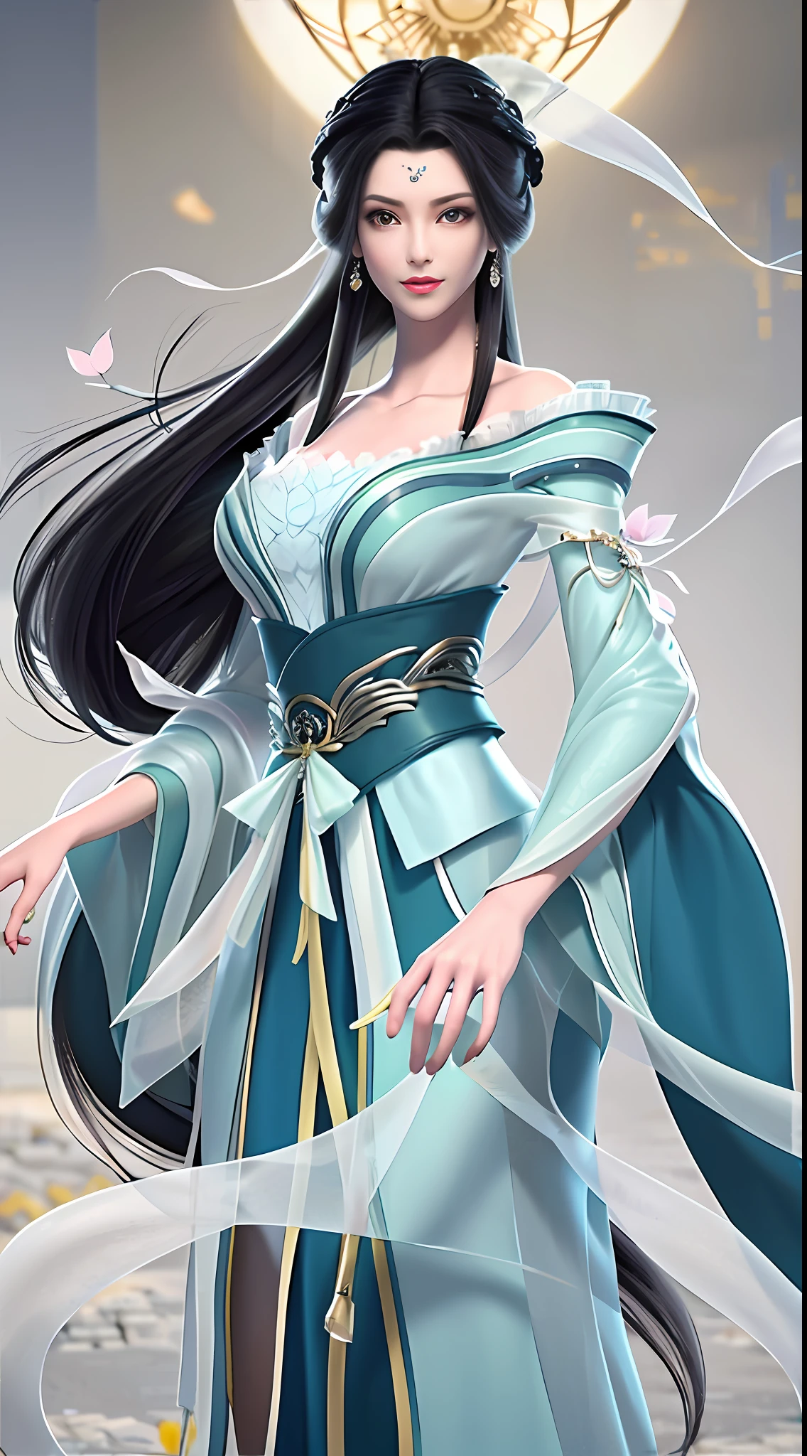 (best qualtiy,tmasterpiece:1.2),(anatomy correct:1.4),超高分辨率,realisticlying,Front lighting,Complicated details,Exquisitedetailsandtextures,1girll,独奏,(年轻),Facial highlights,Detal Face,tear-mole,white skinned,Silvery hair,High ponytail,Place your hands behind your back:1.2,looking at viewert,largeeyes,Silk Hanfu,(Openwork pattern,white colors,silkouette),耳Nipple Ring,Large breasts,slimfigure,Chang'an Avenue,profesional lighting,photon maping,Radio City,physically-based renderingt,