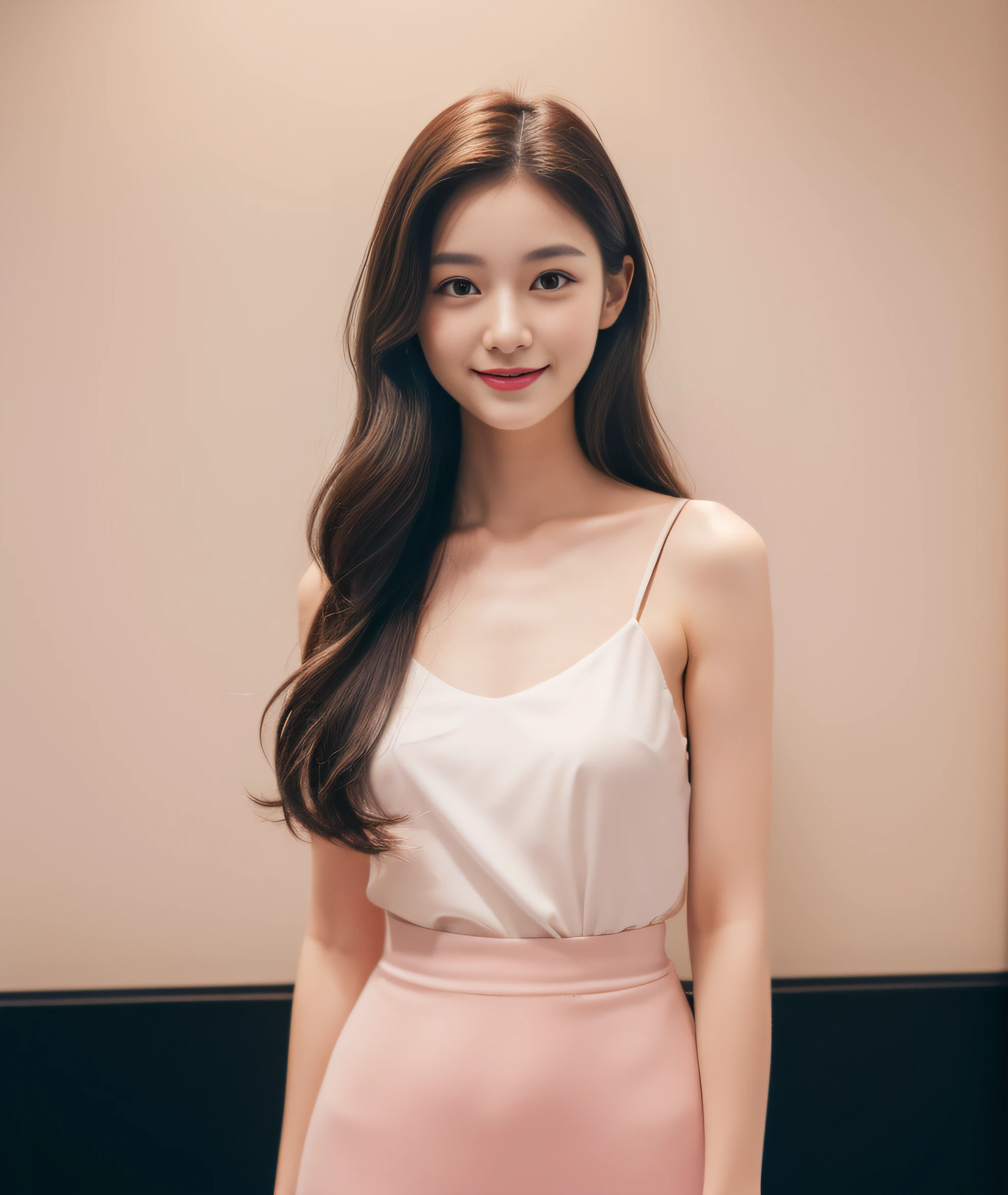 ((best quality, 8K, masterpiece: 1.3)), beautiful girl, pure, melon face, kind and cute, sweet smile, pure desire, slender body, (front), (tilted head), ((looking at camera) ), dark pink suit, pink skirt, smooth black medium hair, long flowing shoulders, round black big eyes, clear big eyes, moist red lips, sweet, standing on the pavement, show window background, (((whole body))),