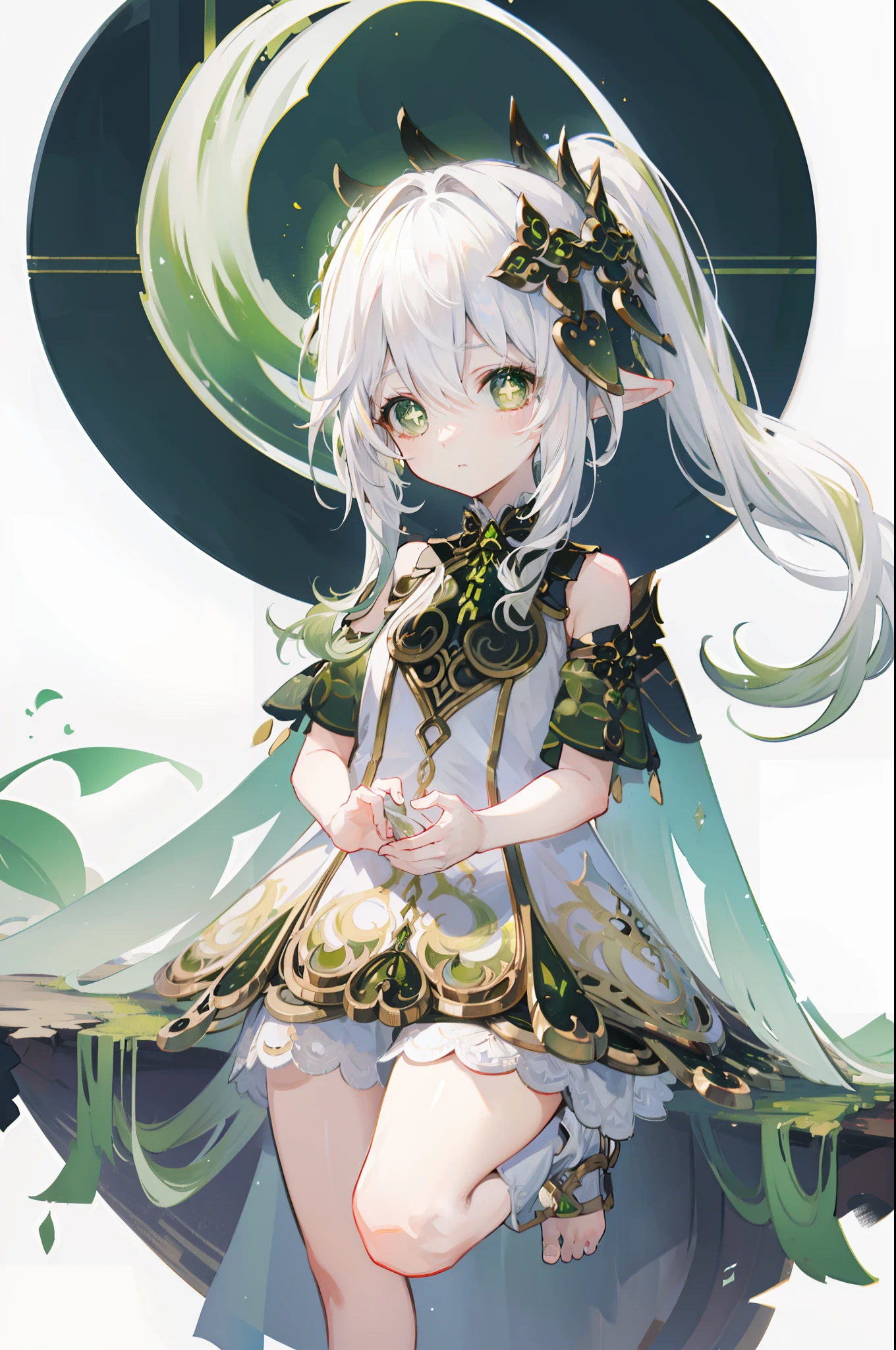 Nahida_Genshin,(White hair),cross-shaped pupils,default_dress,Green cape,