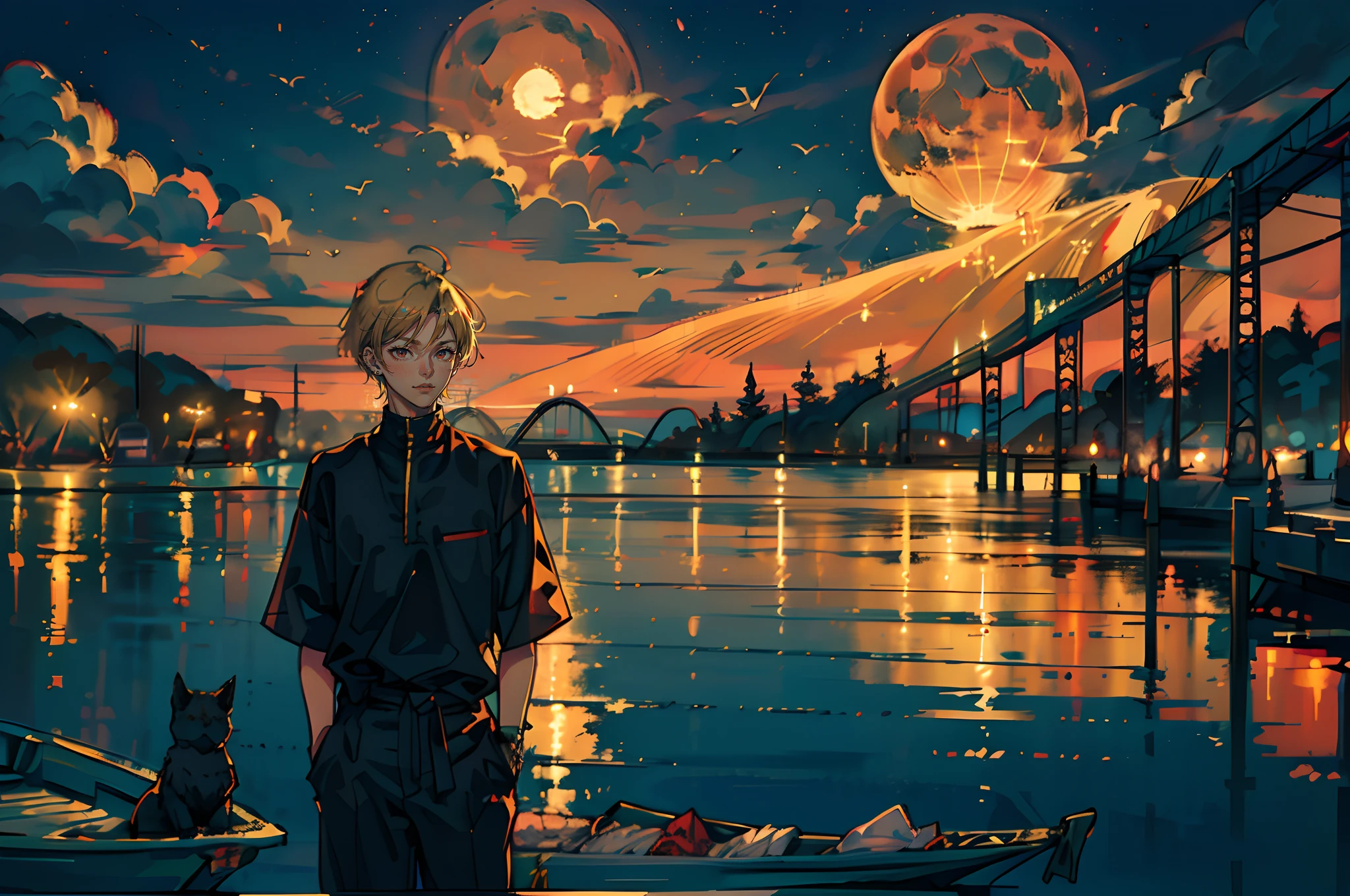 ((masutepiece: 1.4, Best Quality,Delicate)), Very short blonde hair、Red Eyes,(1Man Youth:1.3), Delicate hair, (Big black high neck clothes:1.3),piercings, Fantastic moonlit night in the background