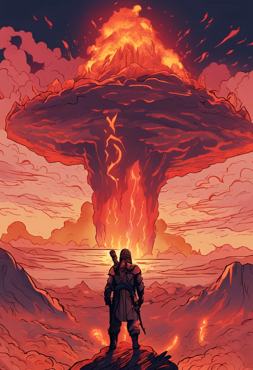 A group of troops， volcano background，A reddish-yellow flame erupts from the middle，Chinese mythology， Cloudy and flamey， Detailed sky， （flame_surge_style：0.5）