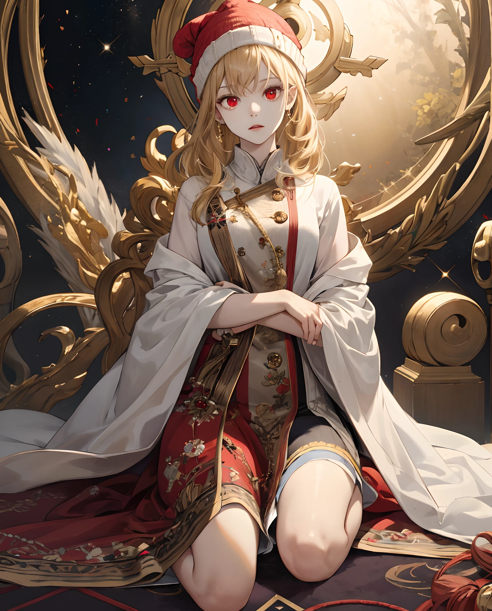 (Masterpiece), Best quality, high resolution, Highly detailed, Detailed background, Perfect lighting, 1girll, Pale skin, wearing beanie, magical, carpets, Golden ratio,adolable,whaite hair,Red eyes,4K,No clothing,alarmed,perspire