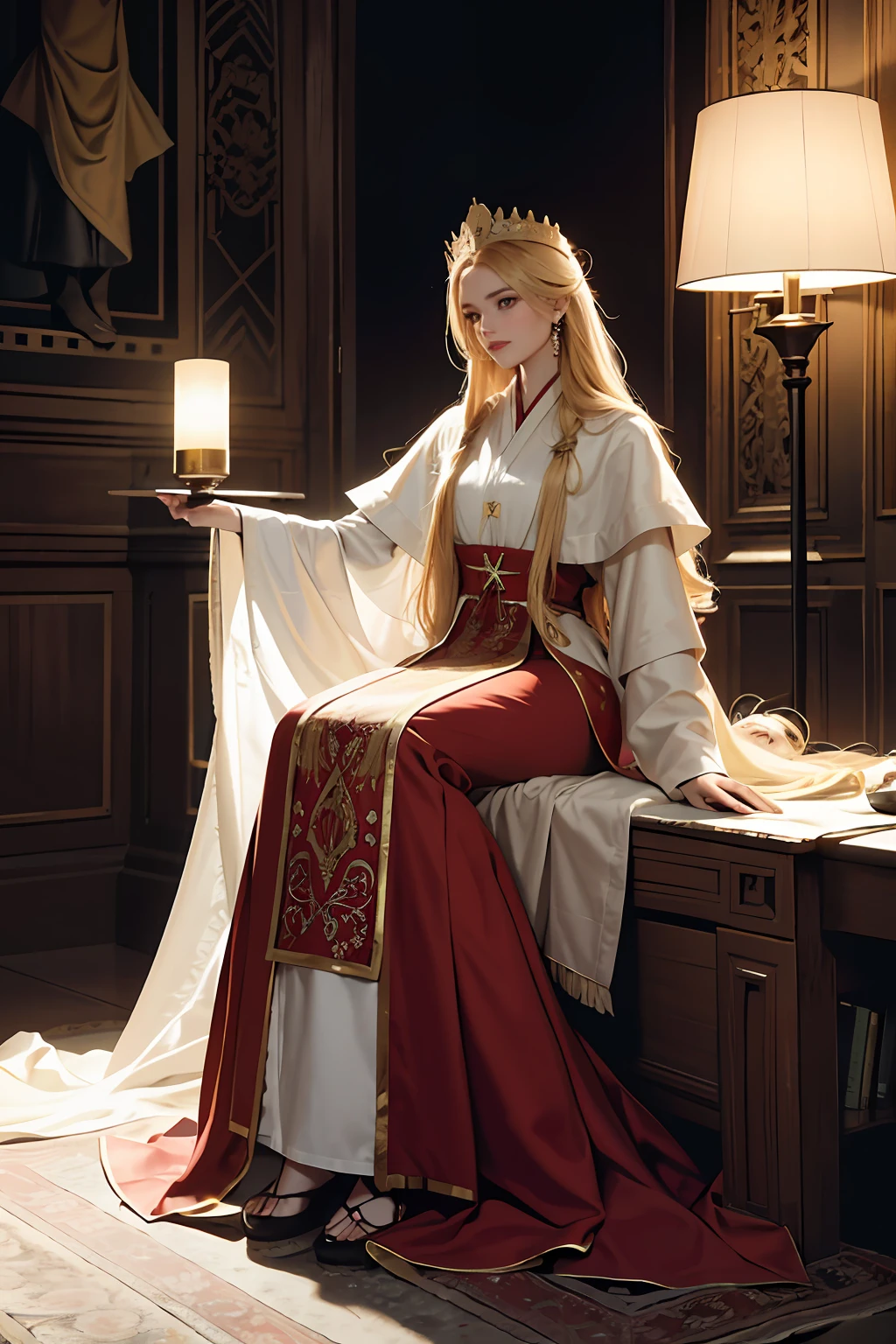 beste-Qualit, master piece, highres, (corps exquis: 1.5), visage magnifique, (peau laiteuse: 1.3), intricate high detail, high resolucion, papier peint,
1 blonde European girl , solo, robe, ornement de cheveux, (((robe or et rouge))), fleurs, cheveux longs, cheveux bruns, mouth closed, bijoux, manches longues, main haute, manches larges, grands yeux, cheveux flottants, traditional Moroccan caftan clothing, hanfu, naturelle, falling petals, interior, ventilateur, lanterne,
16K, HDR, high resolucion, champ de profondeur, (grain du film: 1.1), boken, Golden Hour, (Lens Flare), vignette, arc-en-ciel, (Color Grading: 1.5)