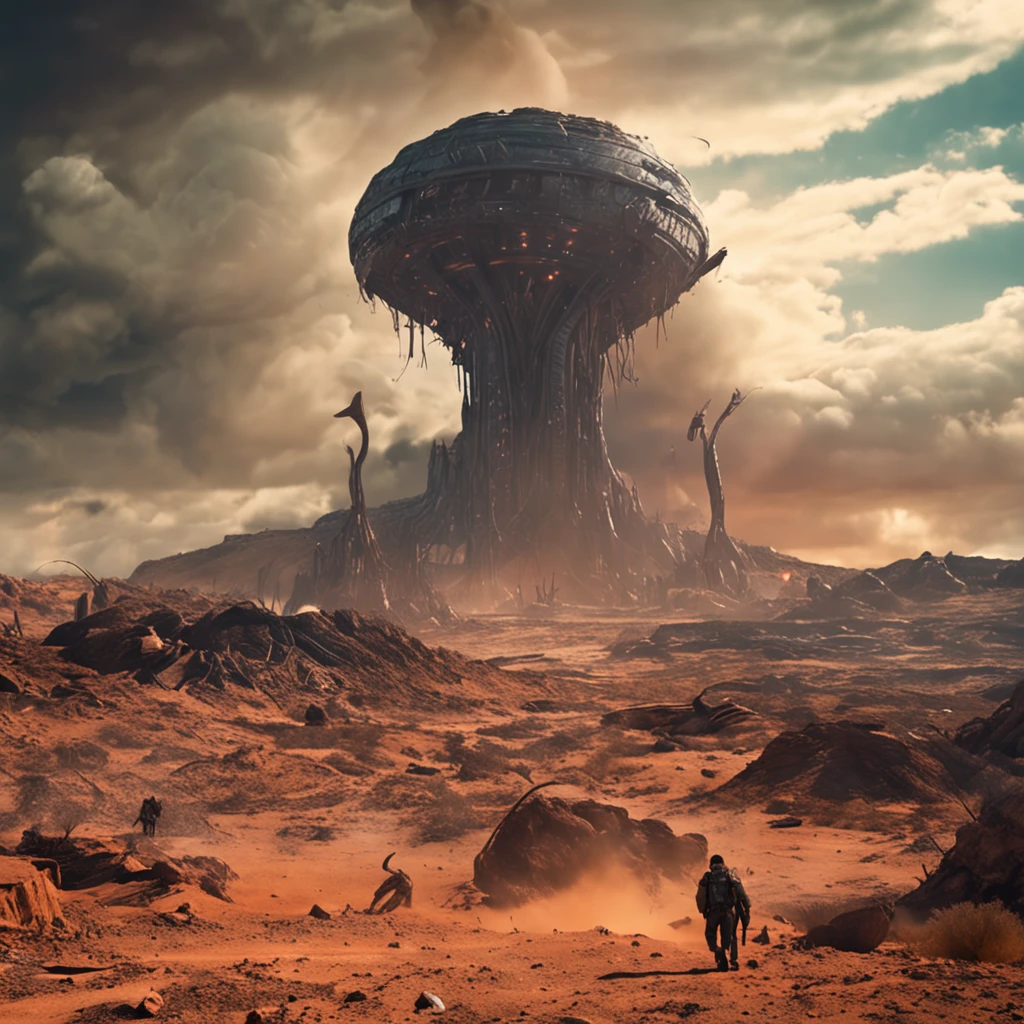 scenes of devastation as aliens advance on Earth, causing chaos and destruction (madmax:0.8)