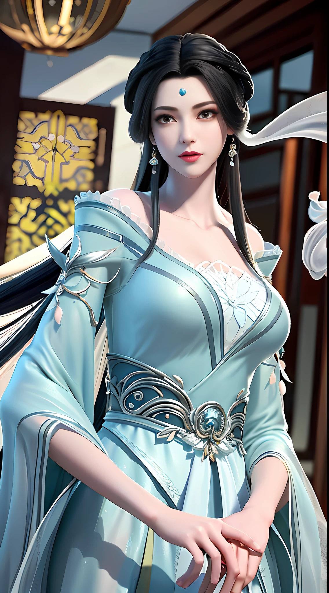 (Best Quality, Masterpiece: 1.2), Ultra High Resolution, Realistic, Front Lighting, Intricate Details, Exquisite Details and Textures, 1girl, Solo, (Young), Facial Highlight, Upper Body, Detail Face, Tear Mole, White Skin, Silver Hair, High Ponytail, Looking at the Audience, Big Eyes, Silk Hanfu, (Openwork Pattern, White, Silk), Earrings, Big Breasts, Slim Figure, Chang'an Avenue, Professional Lighting, Photon Mapping, Light Energy Transfer, Physically Based Rendering,