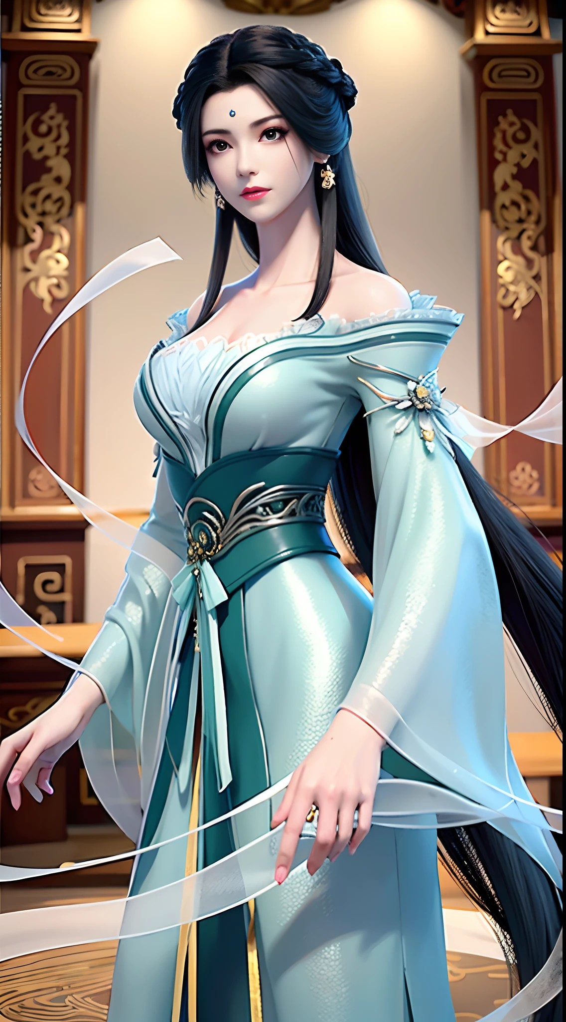 (best qualtiy,tmasterpiece:1.4),超高分辨率,realisticlying,Front lighting,Complicated details,Exquisitedetailsandtextures,first person perspective,1girll,full bodyesbian,独奏,(年轻),Facial highlights,The upper part of the body,Detal Face,tear-mole,white skinned,Silvery hair,pony tails,pigtails,looking at viewert,largeeyes,Green cheongsam,(Openwork pattern,black in color,silkouette),耳Nipple Ring,Chinese elements,slimfigure,Deluxe Room,profesional lighting,photon maping,Radio City,physically-based renderingt,
