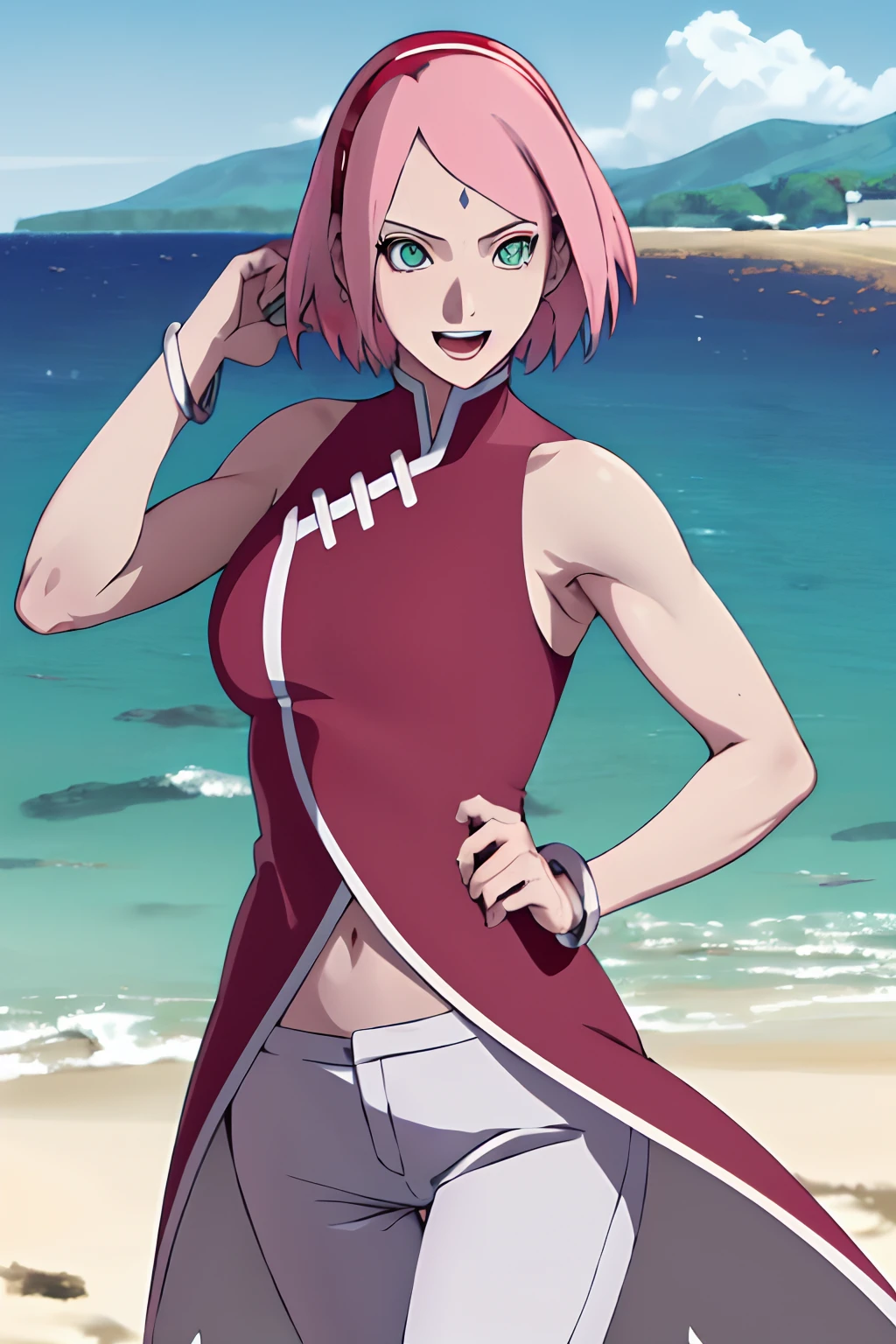 (masterpiece, 1k, anime style, hand drawing, vector coloring, portrait, face shot, professional artwork, detailed beach background, intricate details, colorful, bold drawing lines), (ultra detailed body, ultra detail hair, ultra detail face, attractive, seductive, open mouth), trending on pixiv, kind smile, very hot color, best quality, 1girl, hires, haruno sakura, contrasty lighting, (forehead mark, milf, red hairband, pale skin, short hair, ((red sleeveless dress), white pants), navel, groin, bracelet, looking at viewer, crossed arms, pink hair, green eyes, perfect eyes, white sciera, anime eyes, smoky eyeliner, eyeshadow, perfect face, smile, beach, wind, floating hair, detailed arms, off-shoulders, muscular arms, standing), sunnyday