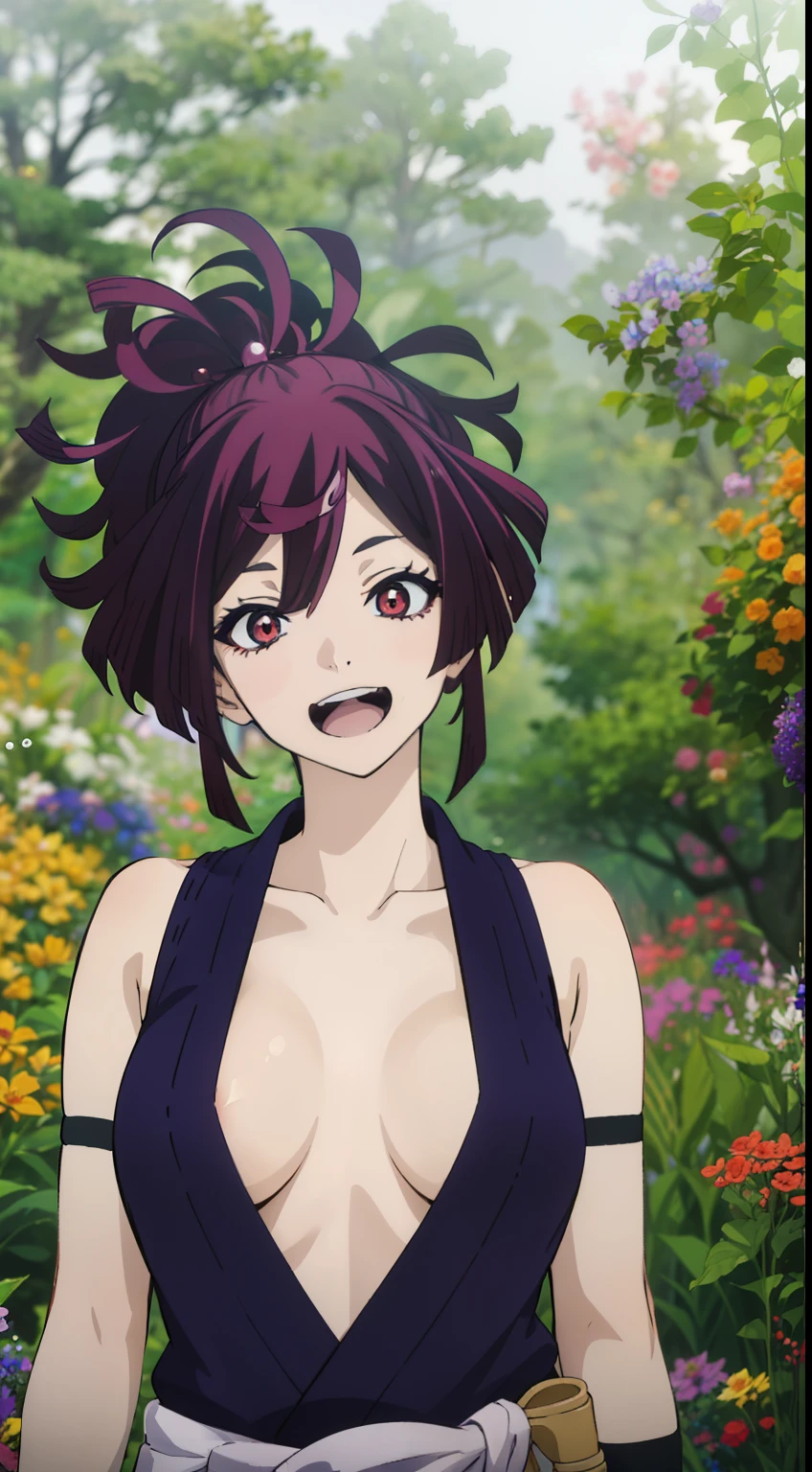 Best Quality, (masutepiece:1.2), Highly detailed, Flowers, forest, Blurry background, 1girl in, Solo, yuzuriha, Looking at Viewer, medium breasts, Smile, Open mouth, Red Eyes, Purple hair, Ponytail, cleavage, ninjartist, komono, Bare shoulders, hip vent,