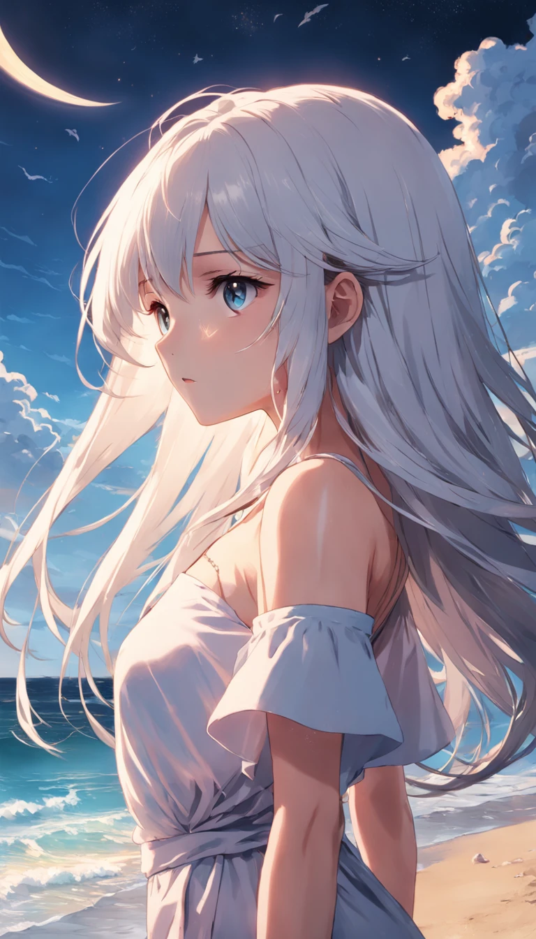 beach，Look up，Long white hair，Dark
