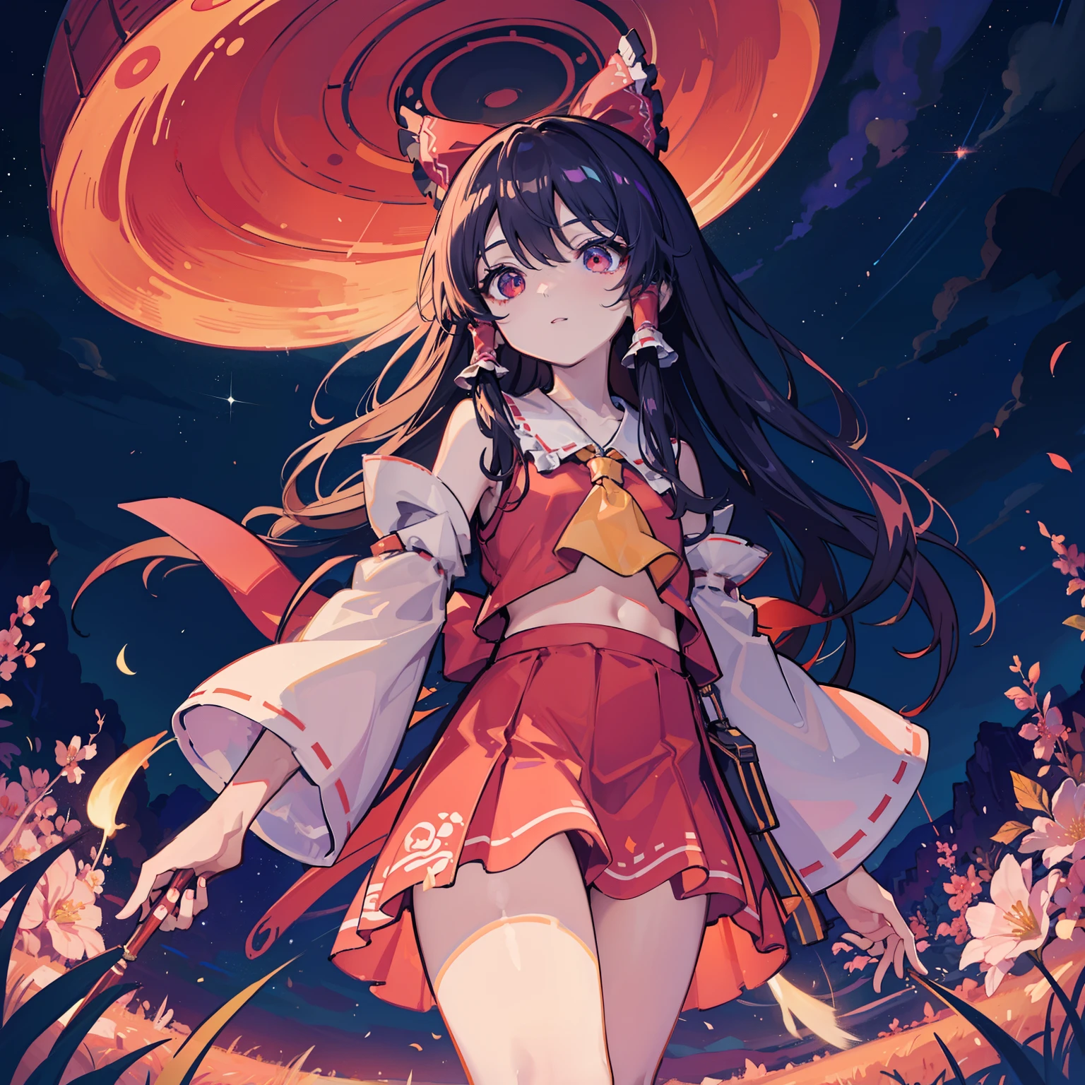 Vast landscape photos、(View from below with a view of the sky and the wilderness below)、Hakurei Reimu standing in a flower field and looking up、(fullmoon:1.2)、(shooting stars:0.9)、(nebulas:1.3)、mountain in the distance、Tree BREAK Production Art、(Warm color Light Source:1.2)、(fireflys:1.2)、abajour、Purple and orange、intricate detailes、Volume Lighting BREAK (masterpiece:1.2)、(top-quality)、4k、ultra-detailliert、(The composition of the movement:1.4)、Highly detailed and colorful details(Irridescent color:1.2)、(glowing lighting、Atmospheric illumination)、dream-like、Magical、(独奏:1.2)