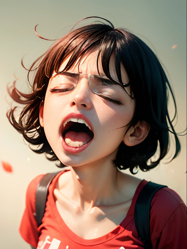 ((Screaming)),Reaching the climax:1.３,One girl closing her eyes, short-cut、masutepiece、Bottoms are randomly generated、（ Tomato illustration print shirt ）、Dark hair、GI Cut、Background bokeh:1.5