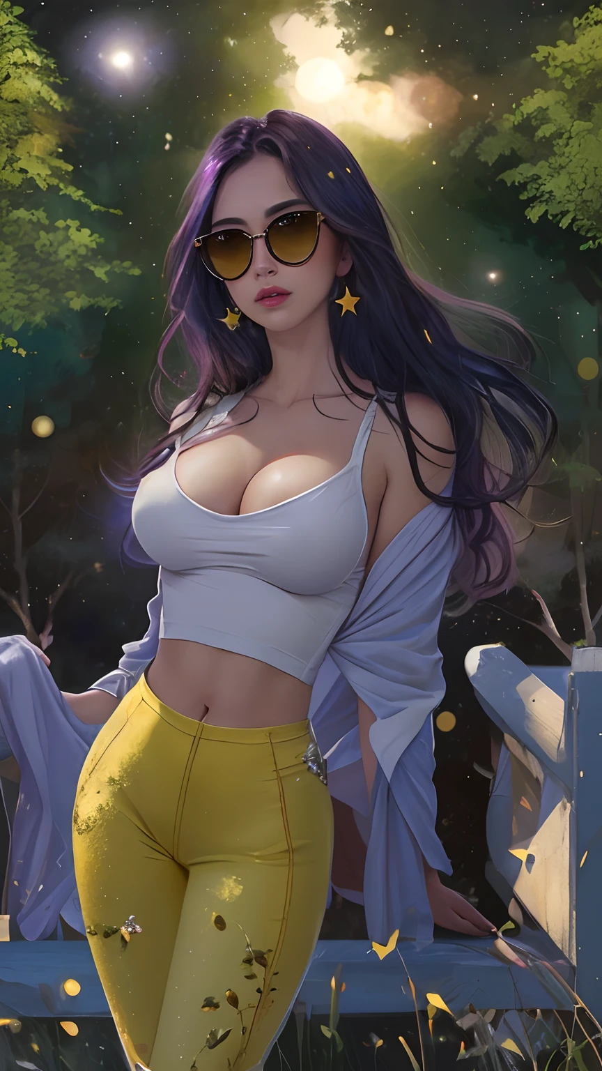 cleavage, a beautiful woman, from_above, close-up, crop top, detailed face,  capezzolo ritto tette grandiyellow bodycon tank top, hair, park, sky, trees, pale skin, moonlight, stars, 1girl, statement sunglasses, big breasts ,petite, vivid colors, bokeh background, subject for emphasis,dramatic colors , hyperealistic, masterpiece, best quality, nsfw