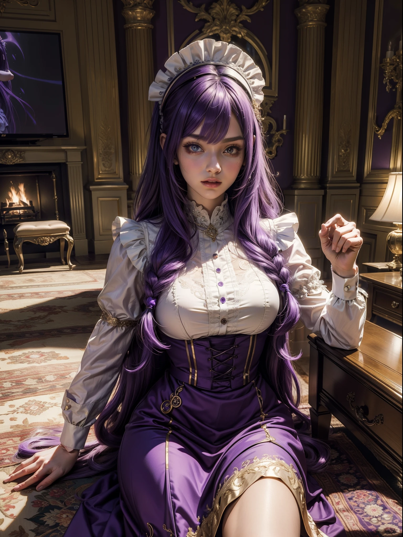 Masterpiece, intricate detail, 8k. Hires, ultra detailed, Woman, long hair (purple hair), maid costume, sittong on the carpet, living room