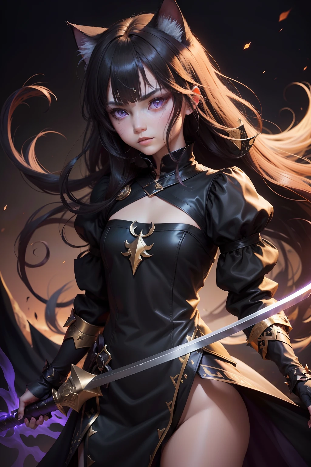 blacksilk,magister,One -handed sword,cat ear,Wind system,female pervert,Black clothes,There is a large checkered bow on the back of the dress,Cat tail,Bring gloves,There is a small bow on the chest,golden brown hair,Purple eye pain,There is a small five-pointed star on his face