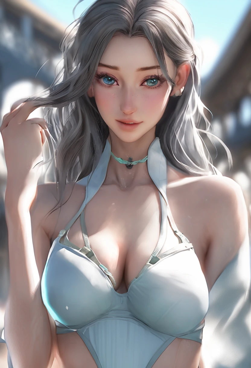 (Realistic, 8K, masterpiece, female, long ponytail and waist, light blue on one side and dark gray heterochromic pupils on the other, slender thick eyebrows, thin summer breasts for women without marks, tuned abs exposed from bikini, white panties with white lace, smooth thighs, catwalk)