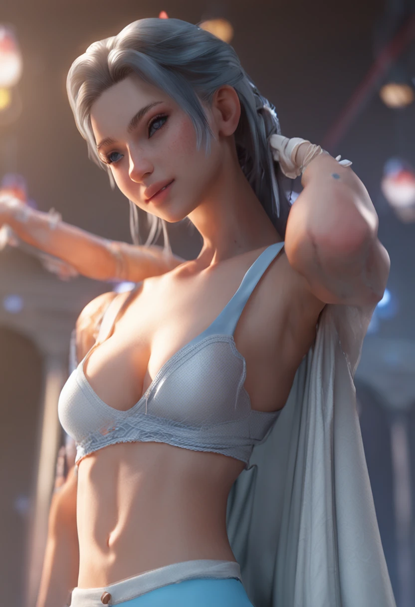 (Realistic, 8K, masterpiece, female, long ponytail and waist, light blue on one side and dark gray heterochromic pupils on the other, slender thick eyebrows, thin summer breasts for women without marks, tuned abs exposed from bikini, white panties with white lace, smooth thighs, catwalk)